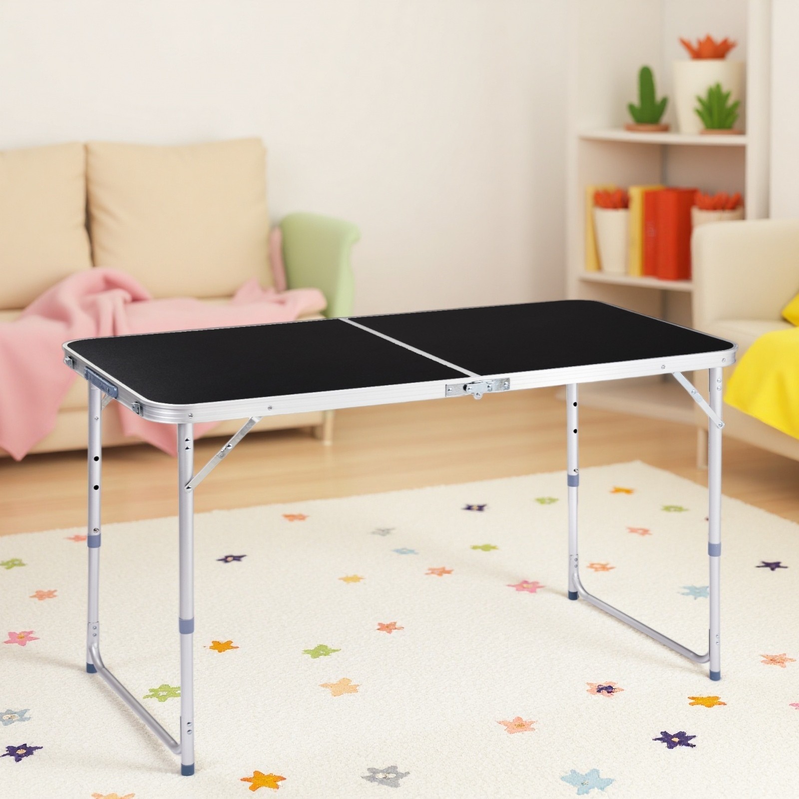 Folding Camping Table 4ft - Adjustable Patio Aluminum Frame Outdoor Picnic Black