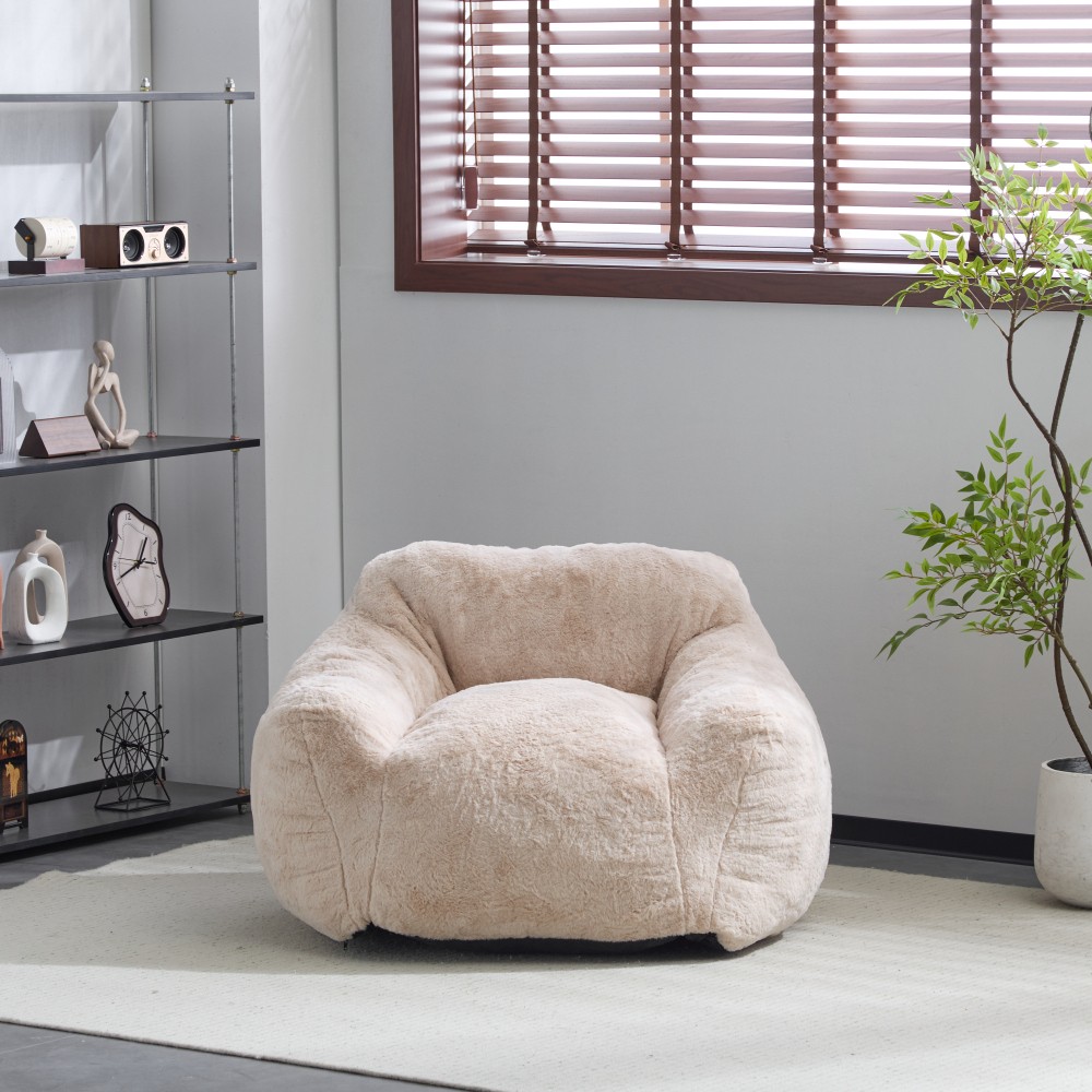 Beige Faux-Fur Bean Bag Chair, Indoor Cozy Armchair-Style, Shredded Foam Filler