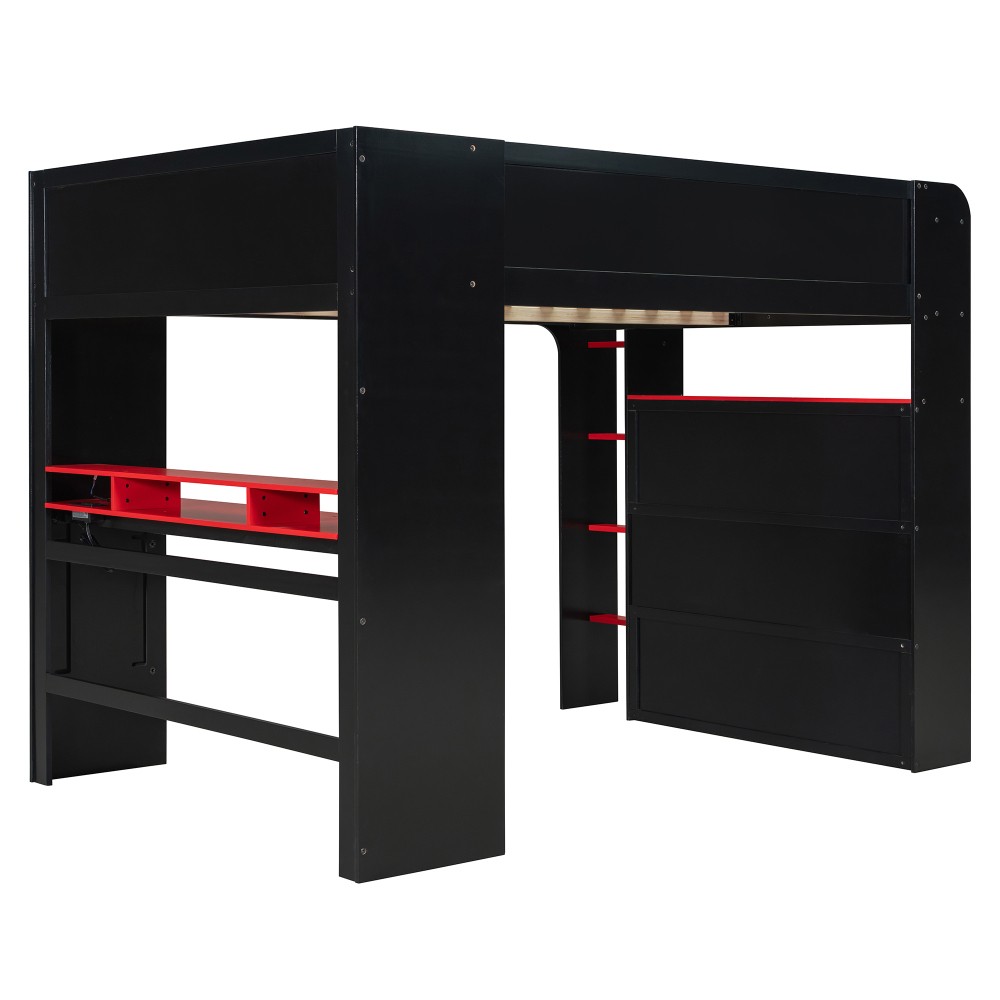 Full Size Bunk Bed with Desk, RGB Lights, Wardrobe, Storage for Gaming Setup