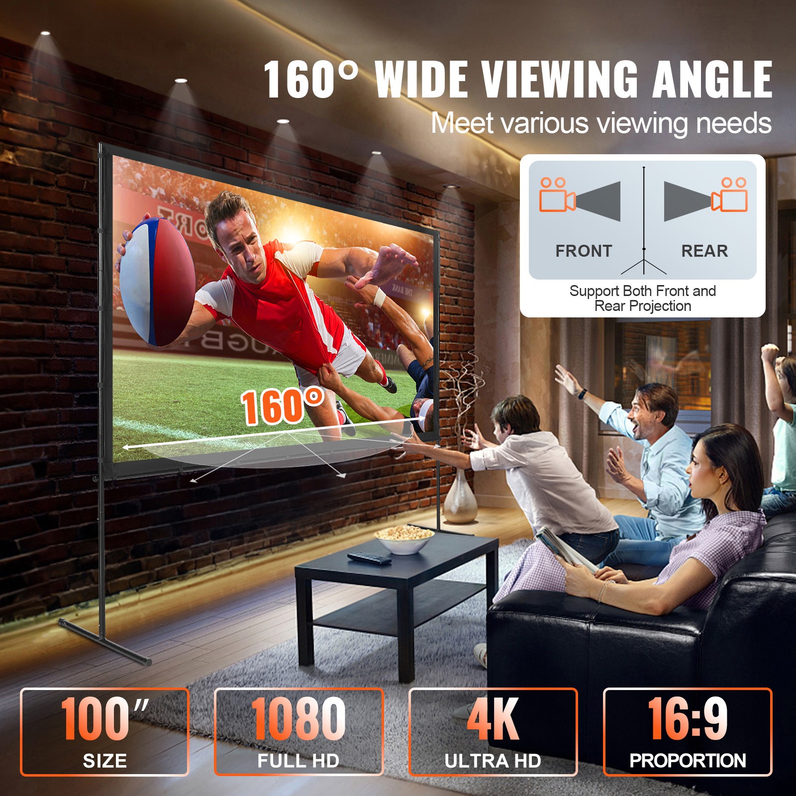 Uimoso Projector Screen with Stand 100 in 16:9 4K 1080 HD Movie Screen Bar Feet