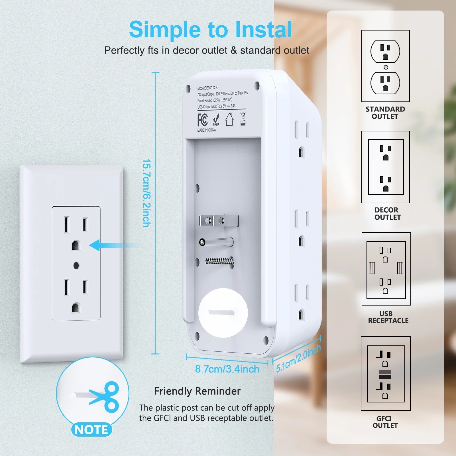 9 Outlet Extender Surge Protector Multi Plug Wall Adapter 4 USB Charger Ports