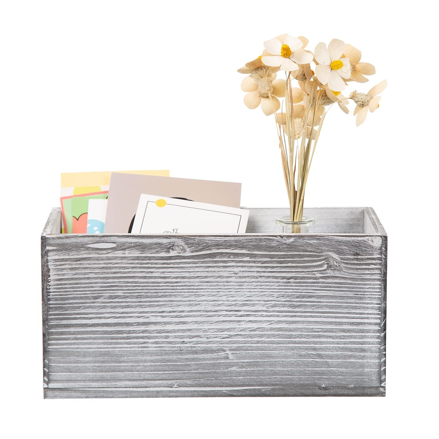 Rustic Gray Wood Mail Box Storage Holder File Organizer Tabletop Basket Script