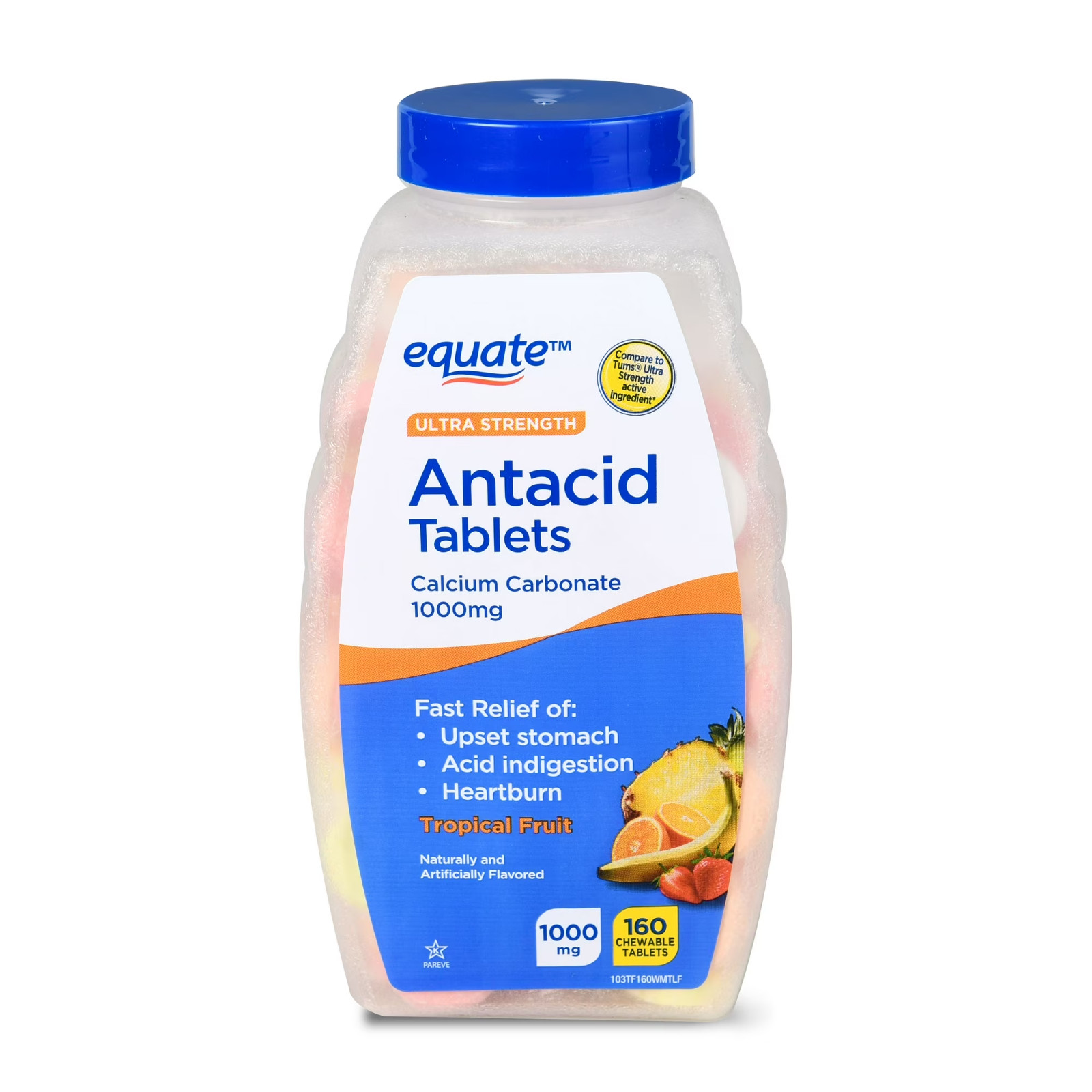 Equate Ultra Strength Antacid Tablets, 1000mg, Tropical Fruit, 160 Count
