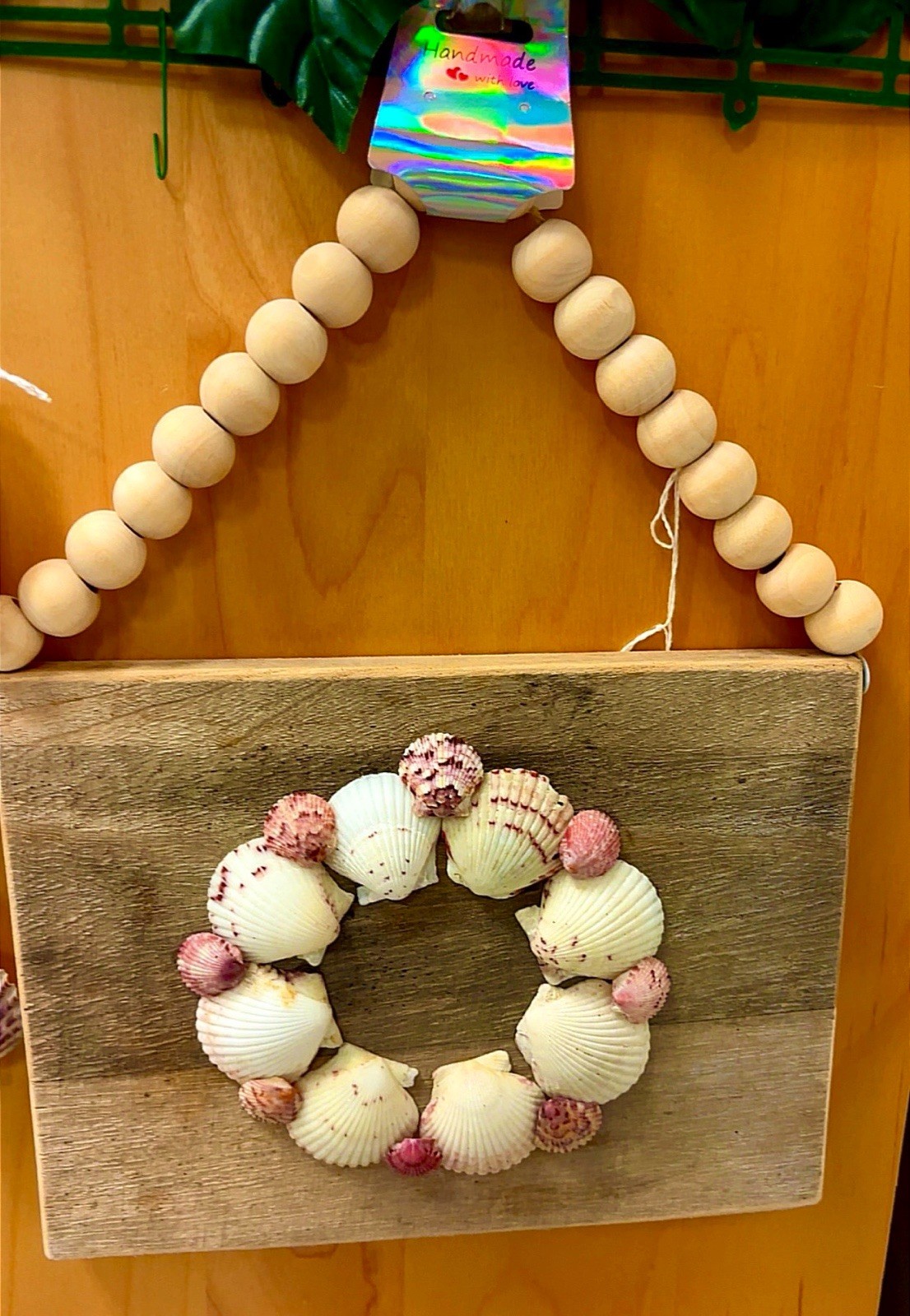 3d Scallop Shell Mounted Wreath Art W/ Stained Wooden Canvas And Beaded Hanger