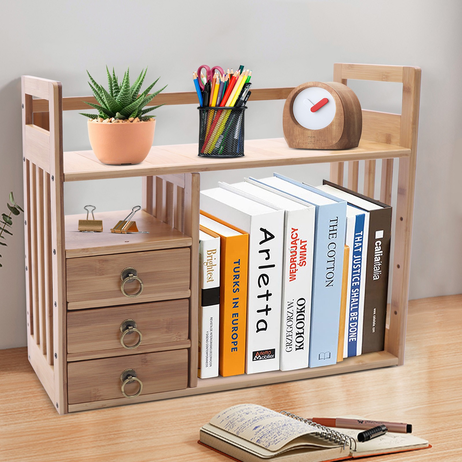 Large Capacity Desk Organizer Shelf Storage Rack Office Bamboo Desktop Bookshel