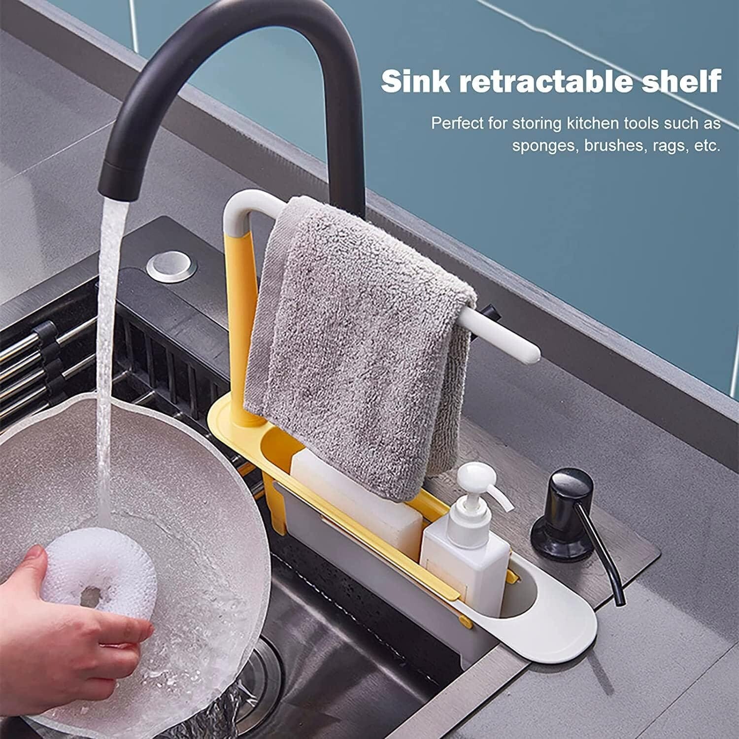 Telescopic Sink Storage Rack,Adjustable Length, Drain Basket Plastic and Sponge