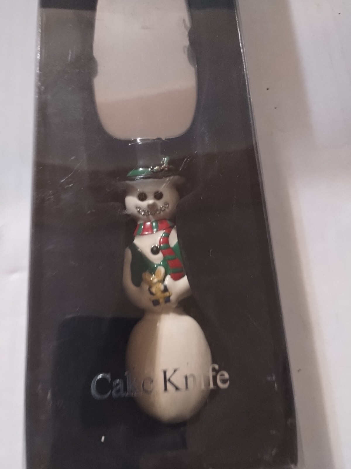 2 Saints Christmas Cake Knife with Rhinestones Snowman Shaped Handle