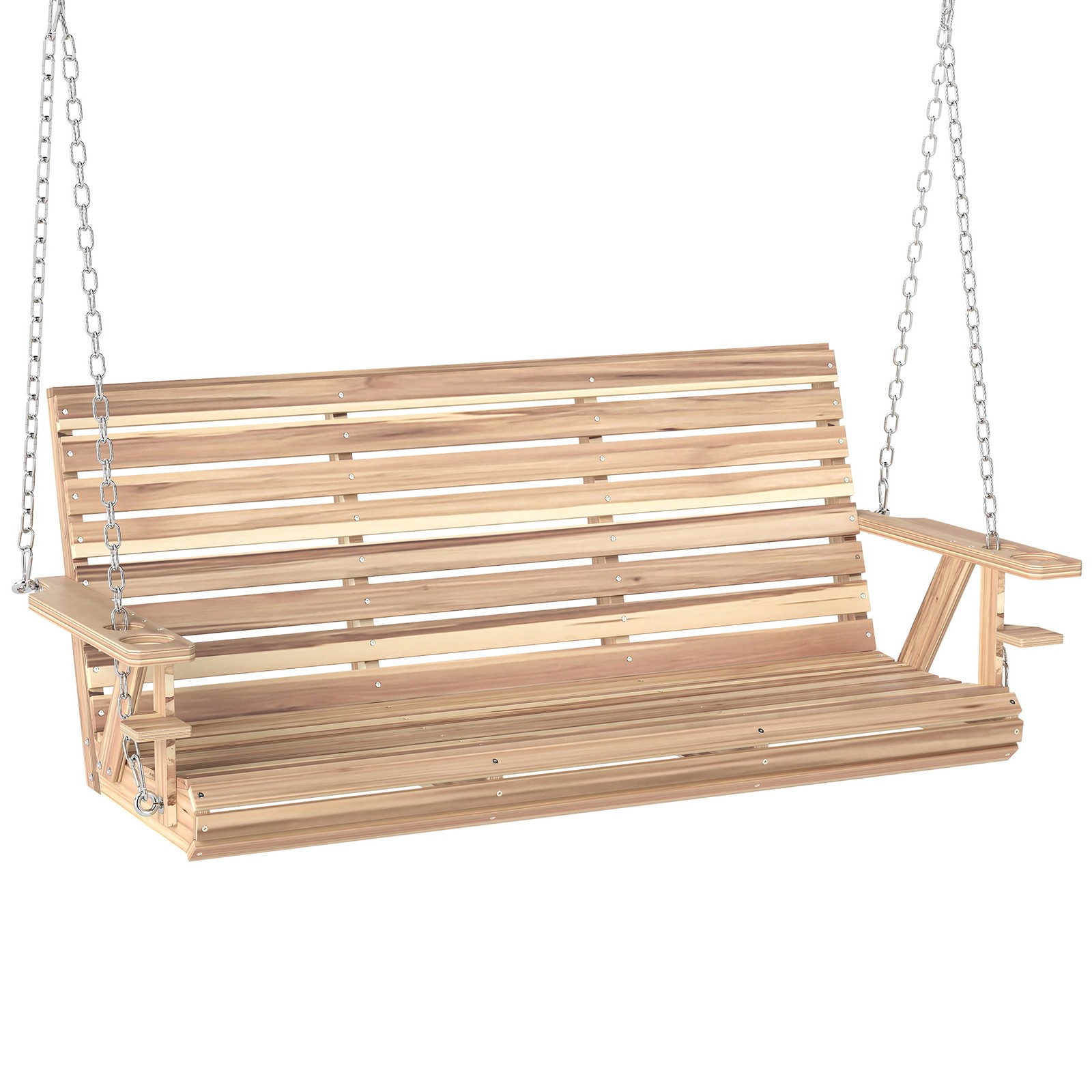 Outsunny 5 FT Wooden Porch Swing 3-Seater with Cupholders, Nature Wood