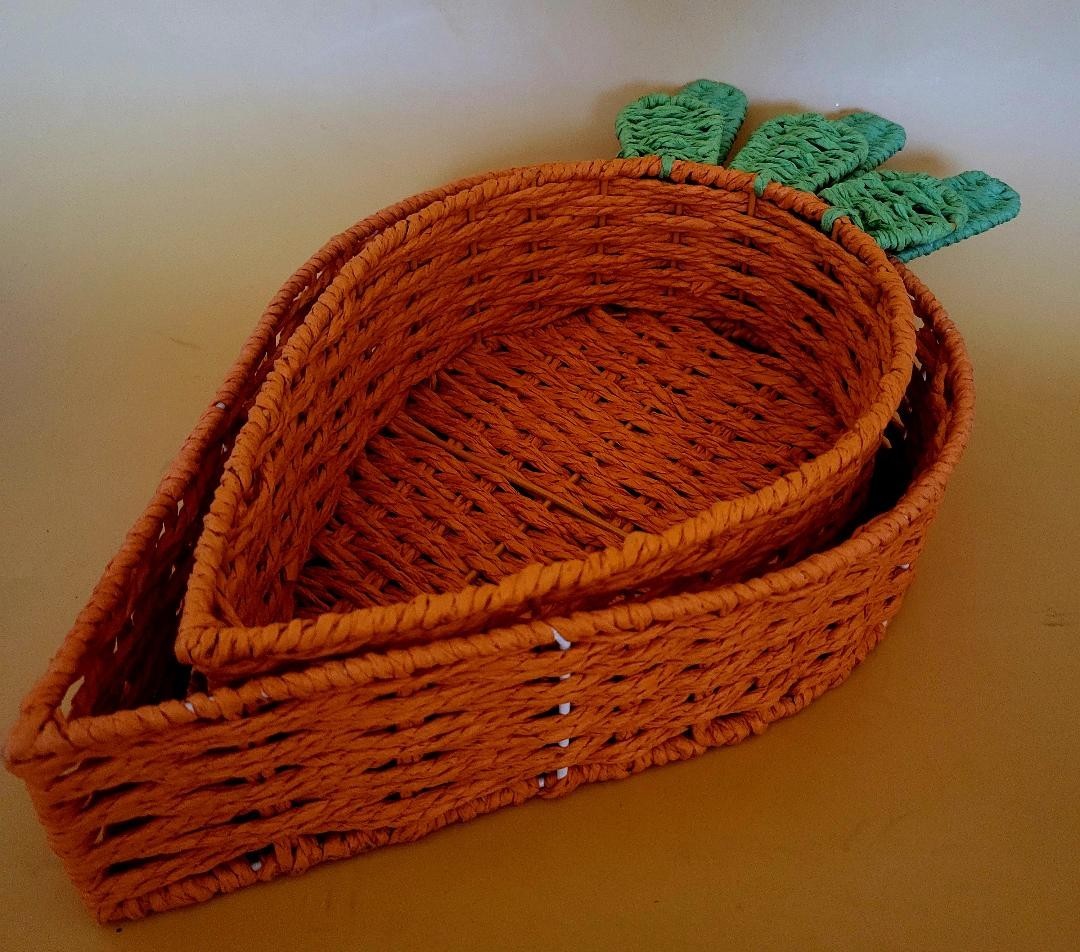 2 Nesting Wicker Baskets Shaped Like Carrots w Green Stems