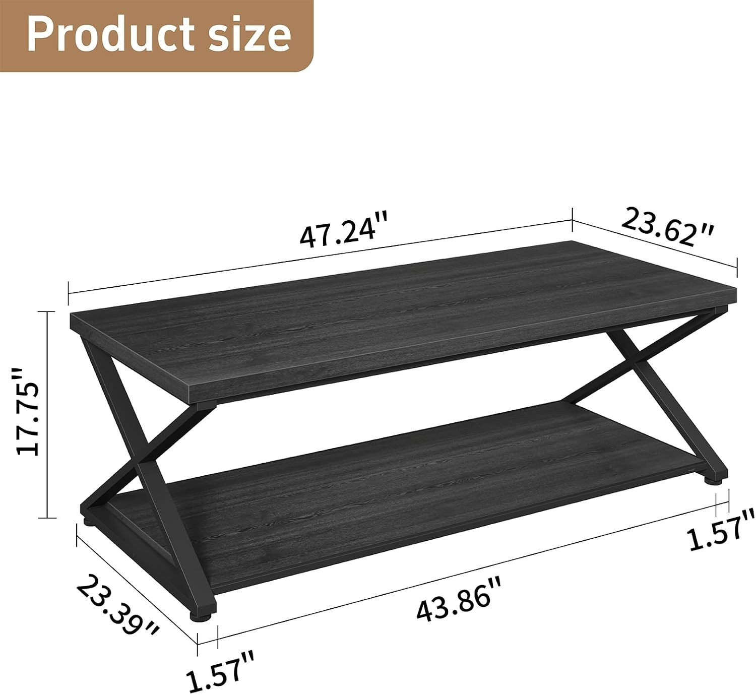 Coffee Table for Living Room, 2 Tier Rectangular Tea Table, Industrial Center Ta