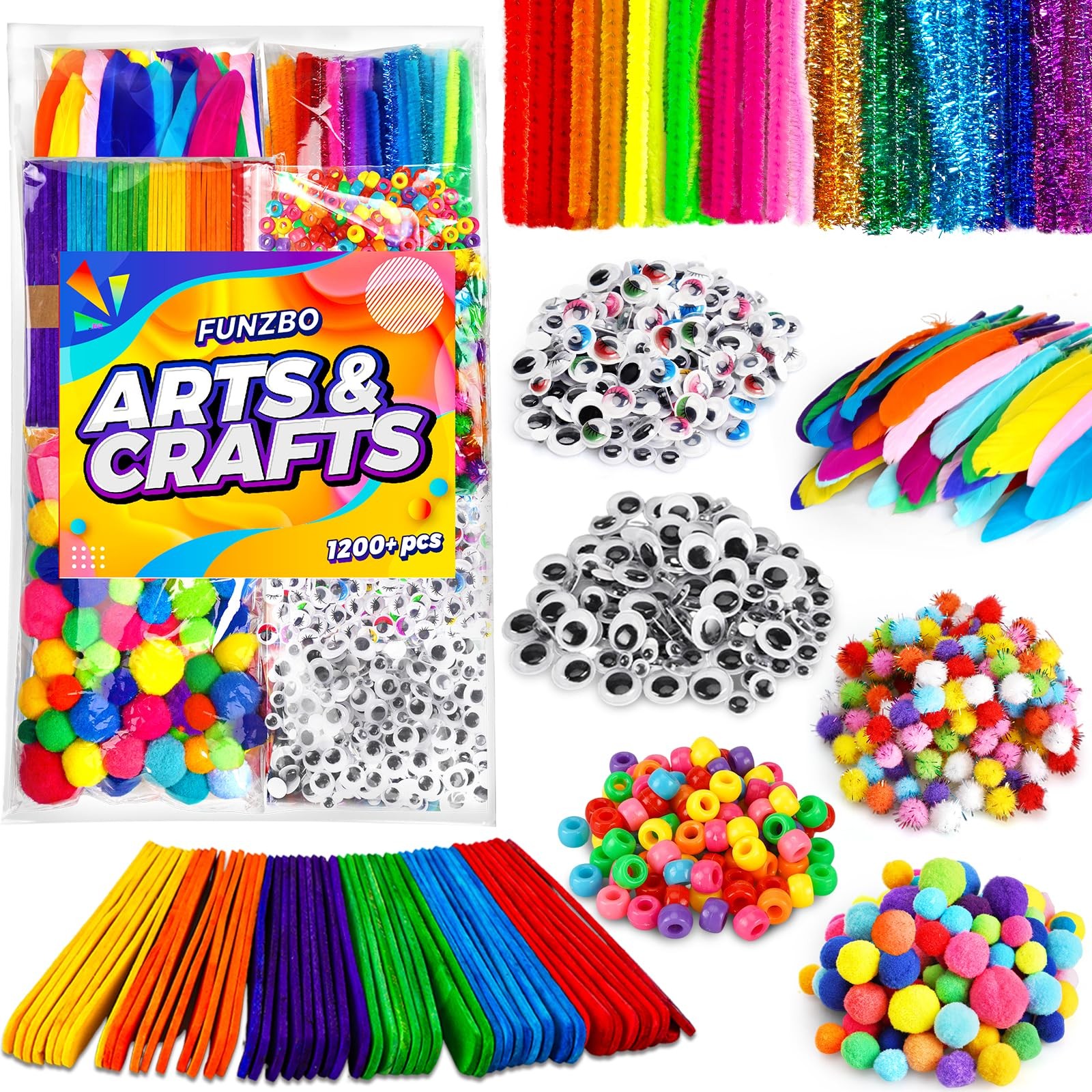 FUNZBO 1200pcs+ Easter Craft Kits with Pipe Cleaners, Pom Small, Multicolor