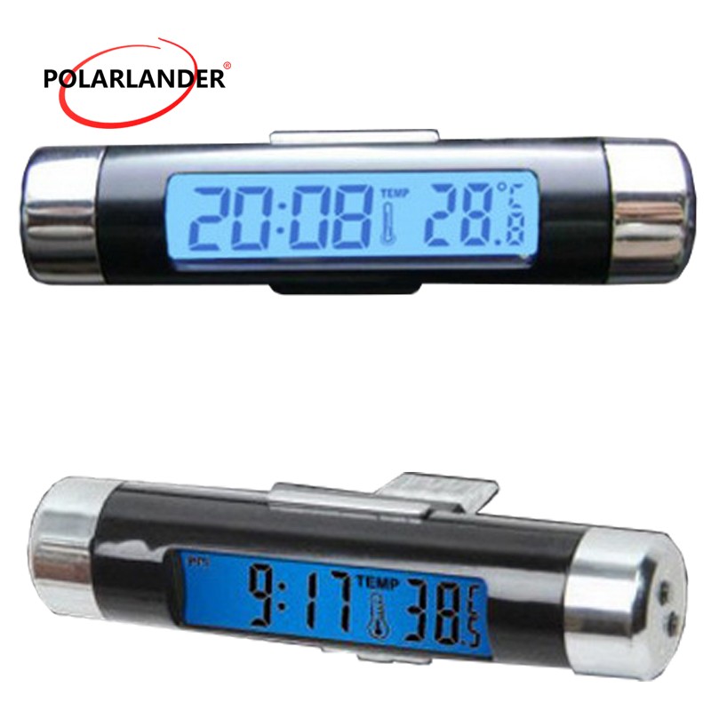 Car Auto LCD Clip-on Digital Backlight Mini 2 in1 Automotive Thermometer +Clock
