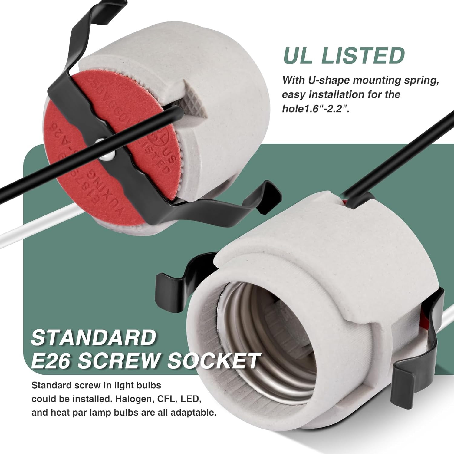 E26 Light Socket, Snap-In Bulb Socket, E26 Standard Medium Screw Lamp Holder, Em