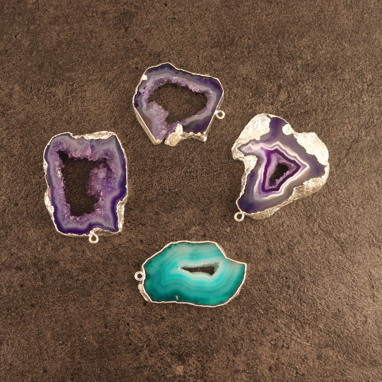 High Quality Geode Slice Druzy Silver Electroplated DIY Connectors Lot 4 Pcs
