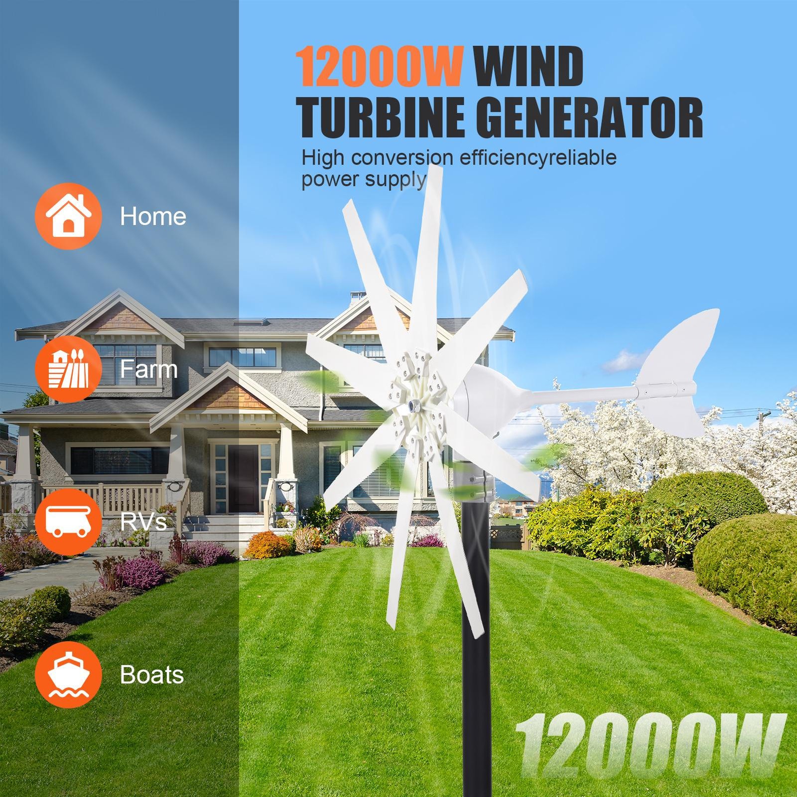 12KW Wind Turbine Generator Kit 8 Blades Windmill DC 24V Charger Controller--