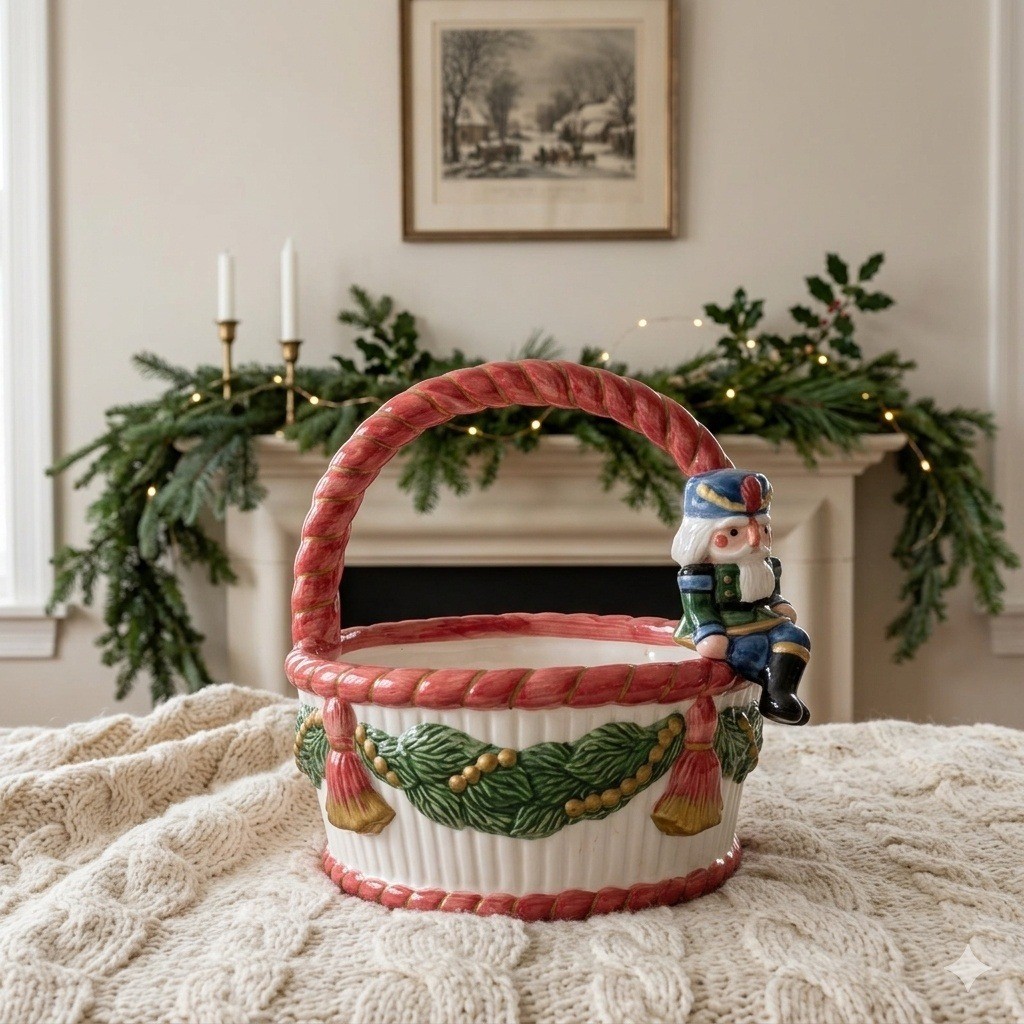 Ceramic Nutcracker Christmas Basket Candy Dish Holiday Decor 1992