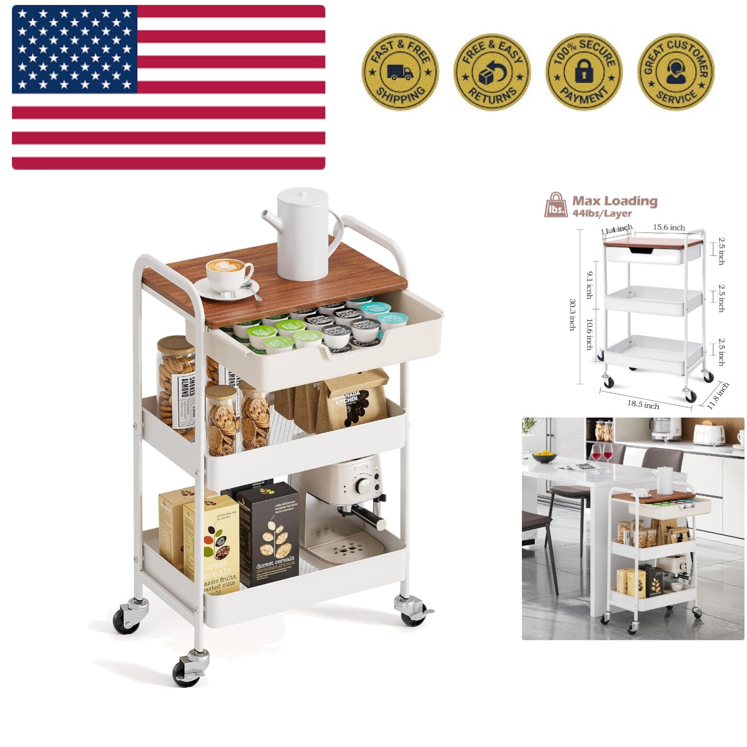 3-Tier Metal Utility Rolling Cart with Drawer & Wooden Table Top, Storage Car...