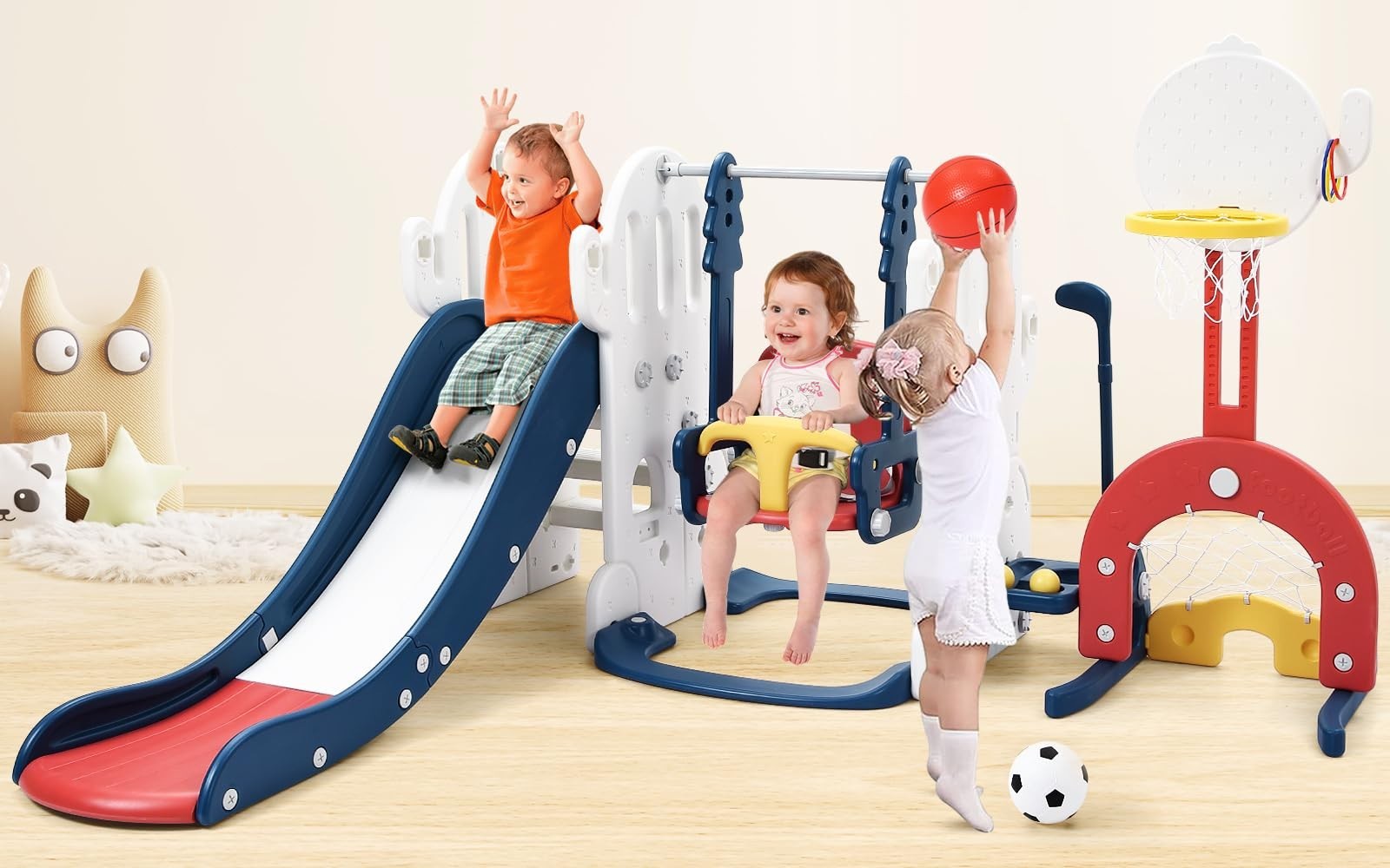 7 in 1 Toddler Slide Set with Swing and Basketball Hoop, Indoor and Outdoor Kids