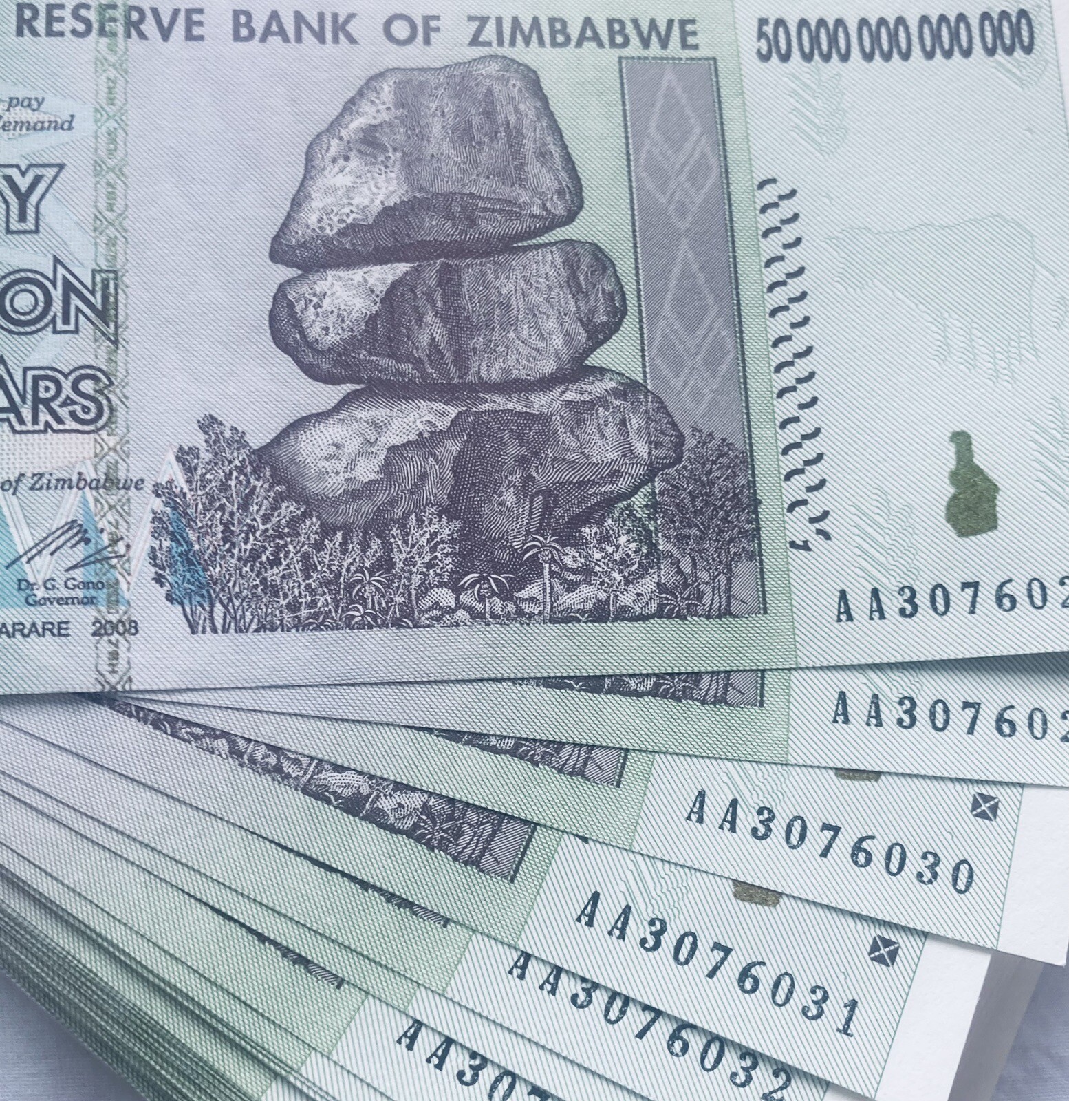 ZIMBABWE 1 x 50 TRILLION DOLLARS OLD BANKNOTE SOUTHERN AFRICA UNC 2008 RHODESIA