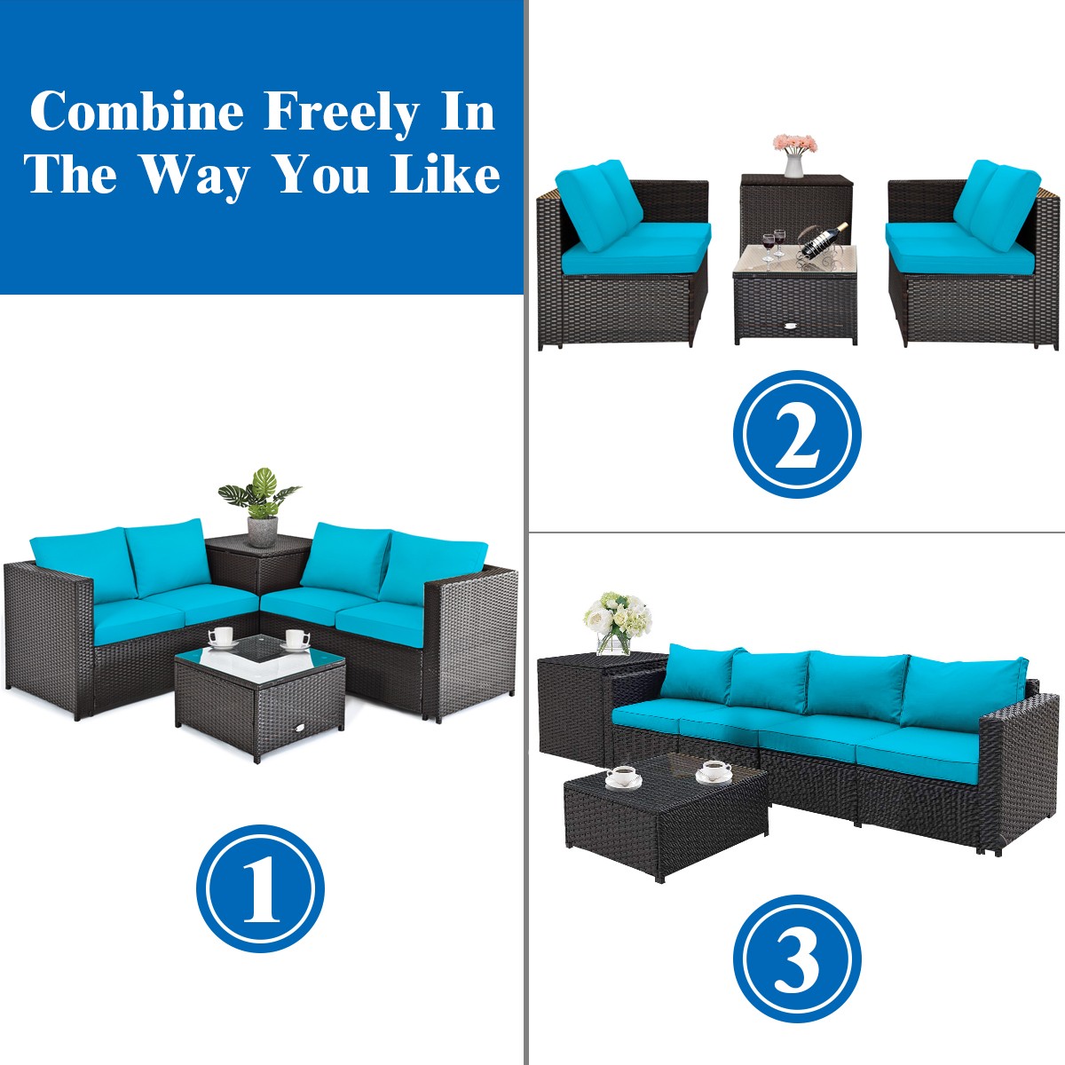 8PCS Outdoor Patio Rattan Furniture Set Cushion Loveseat Storage Table Turquoise