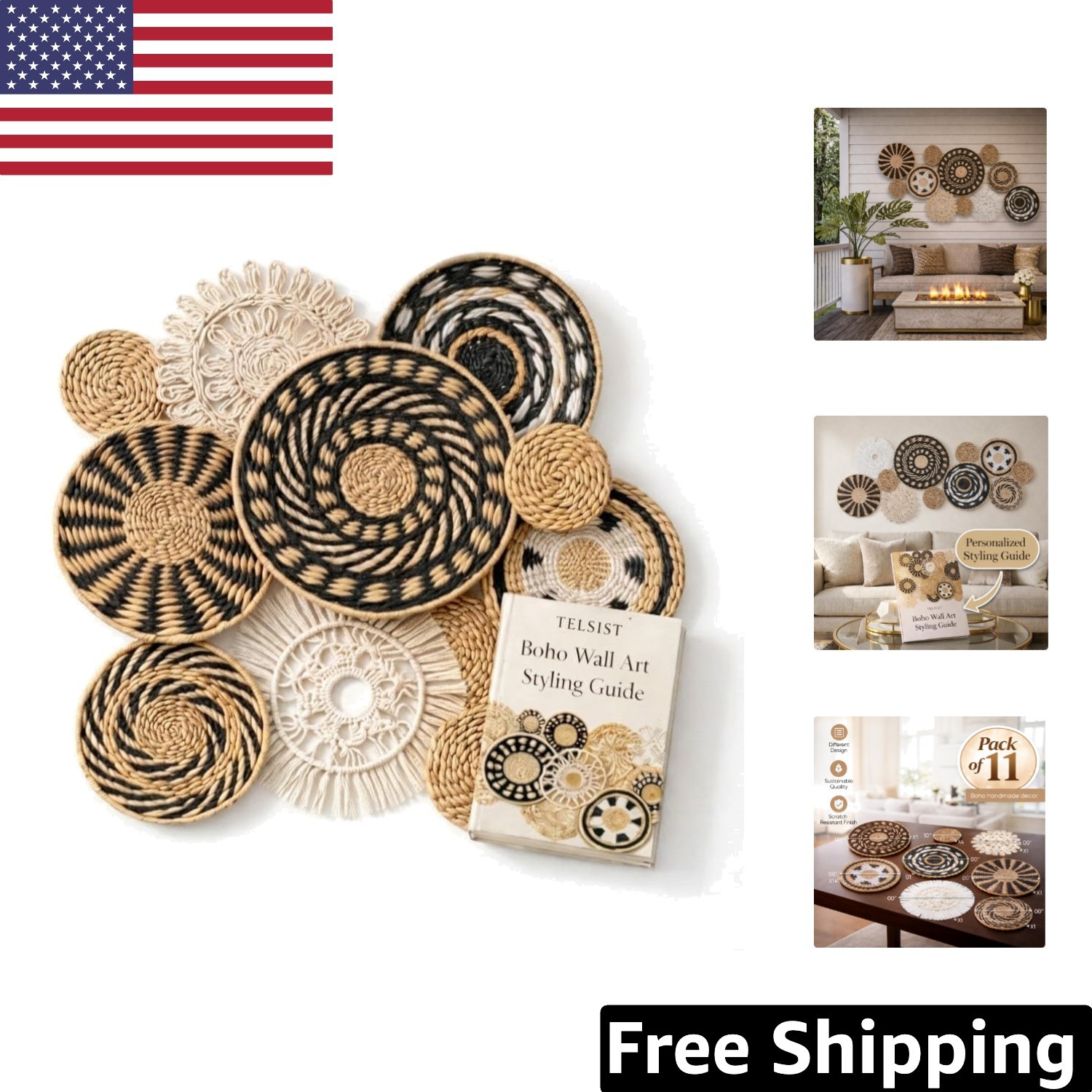 11-Piece Retro Boho Wall Basket Decor – Handmade Woven Wall Baskets, Bohemian...