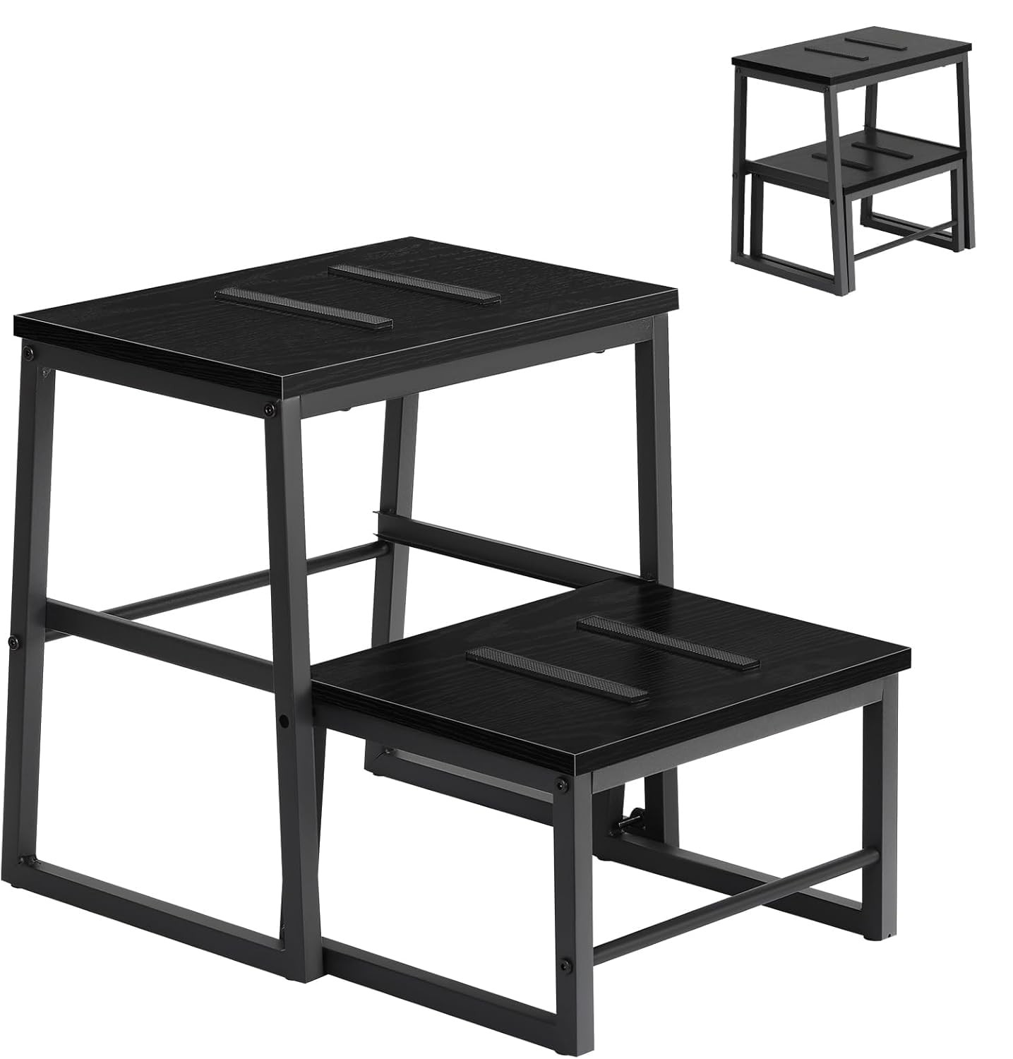 2 Step Stools Adults Kids Heavy Duty 2-in-1 Adjustable Retractable Wooden Blk