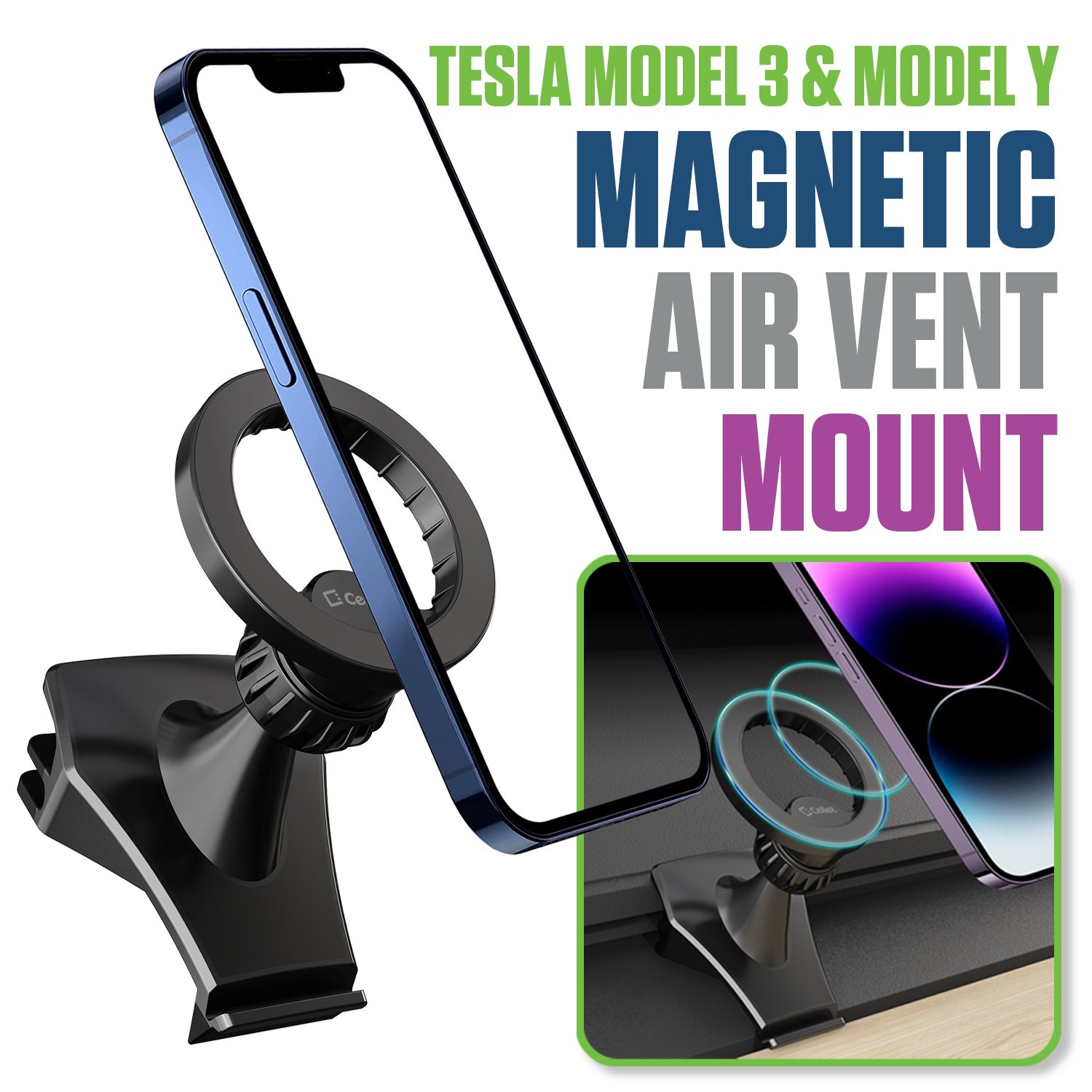 Tesla Model 3 Y Magnetic Air Vent Phone Mount Holder w/ Metal Rings – Cellet