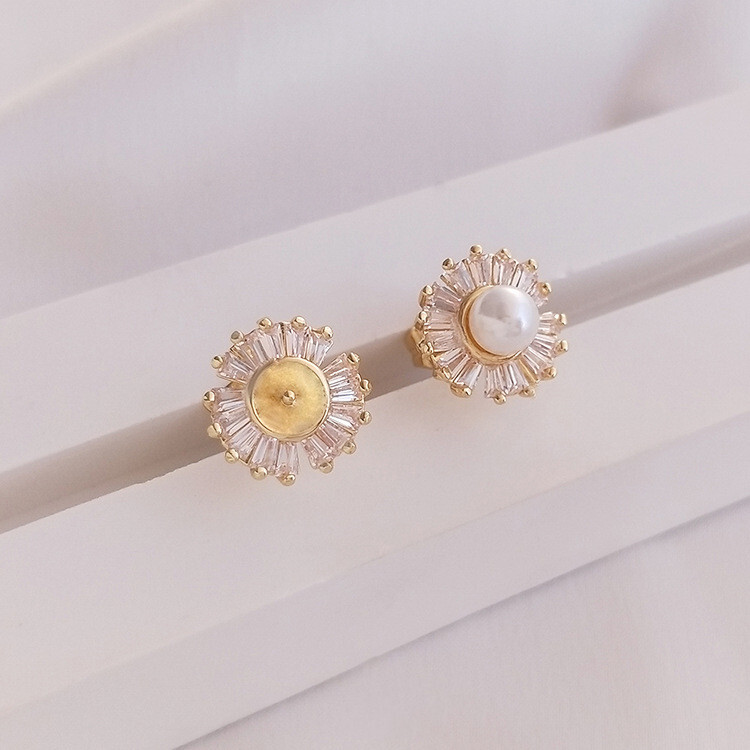 6pcs Flower Earrings With Pearl Pegs,Floral Half Drilled Pearl Earring Settings