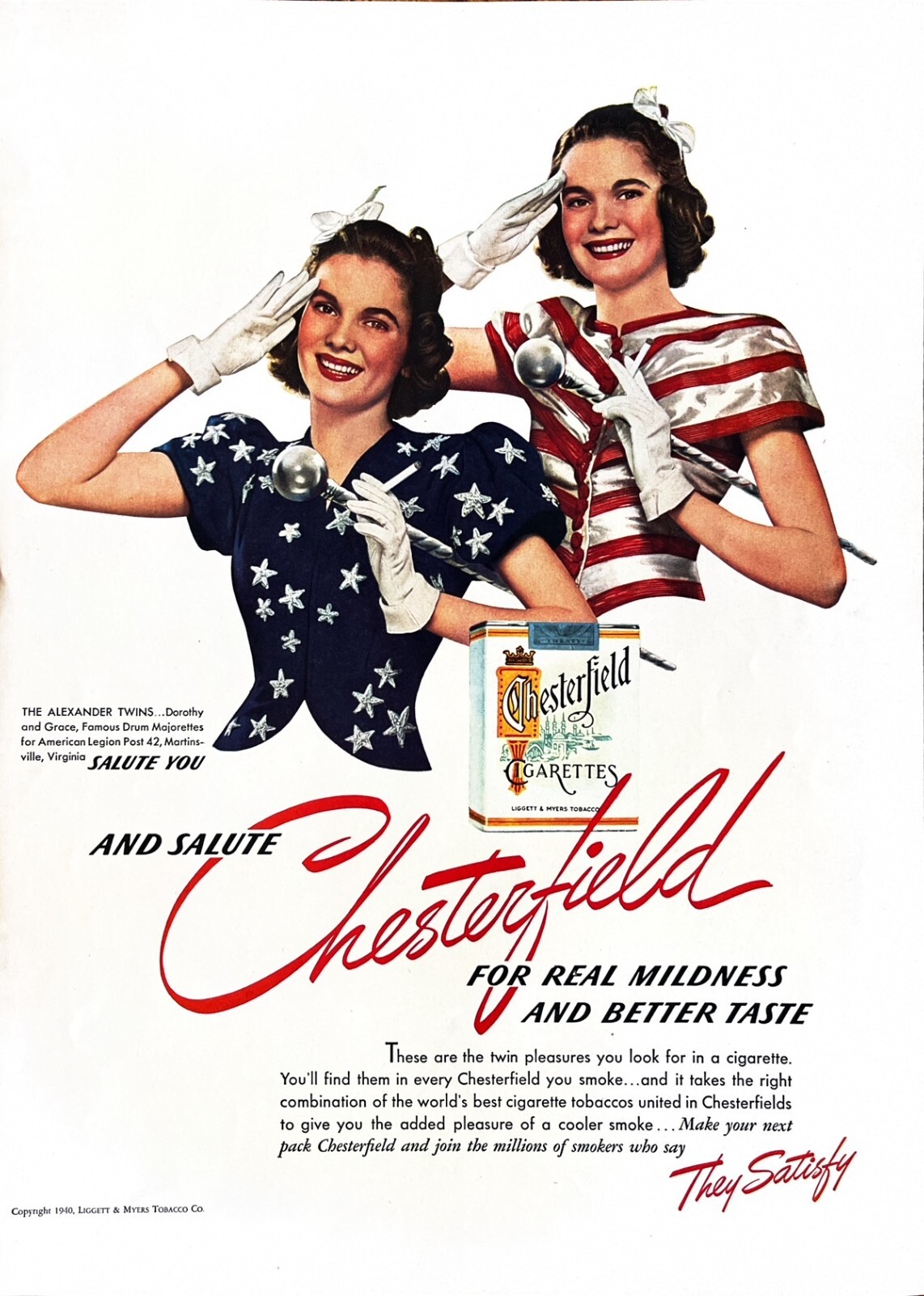 1940 CHESTERFIELD Genuine Vintage Print Ad Cigarettes Tobacco Patriotic Theme