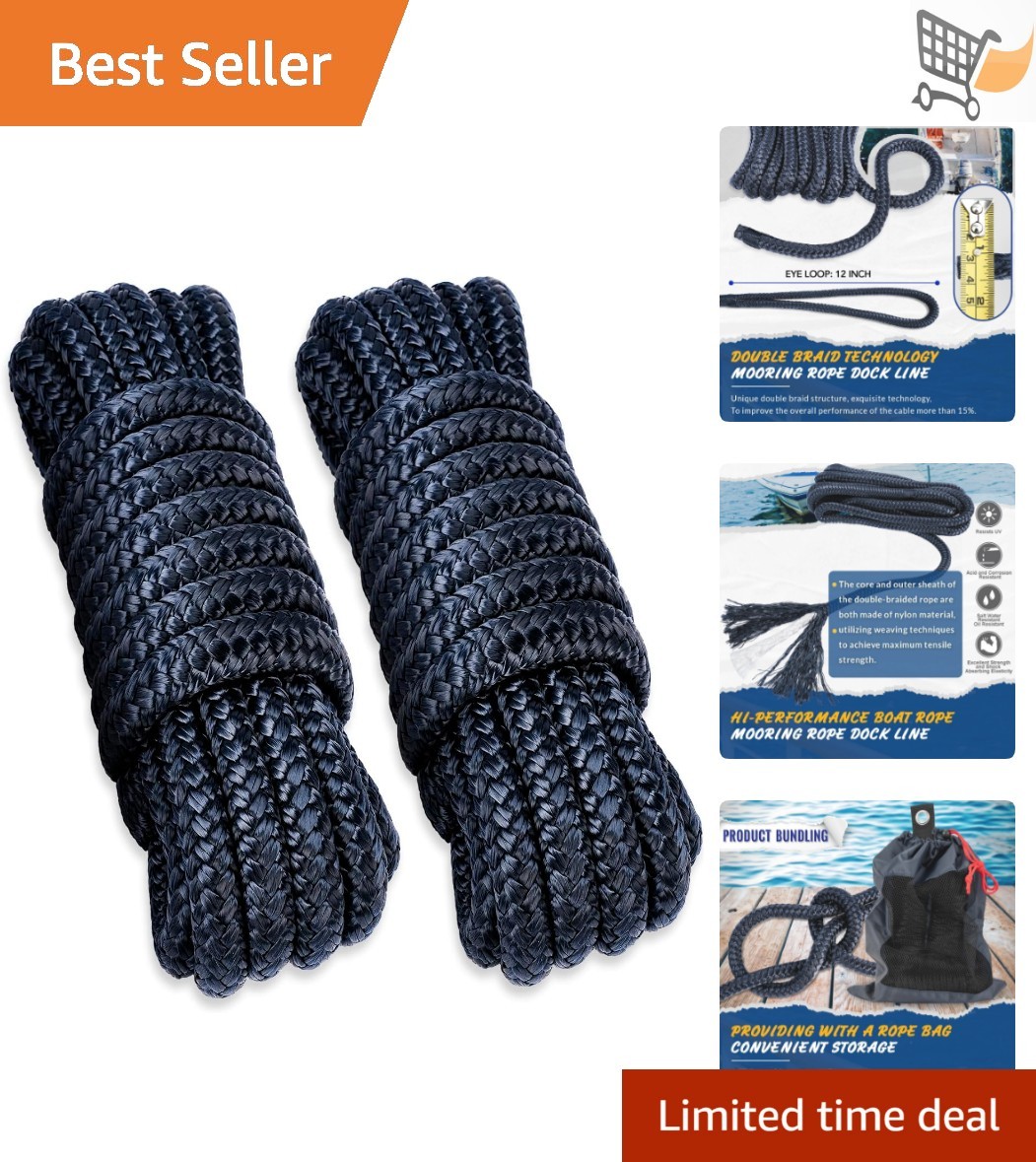 Nylon Rope 3/8 Inch x 15Ft Double Braided Mooring Lines for Boats Navy Blue 2...