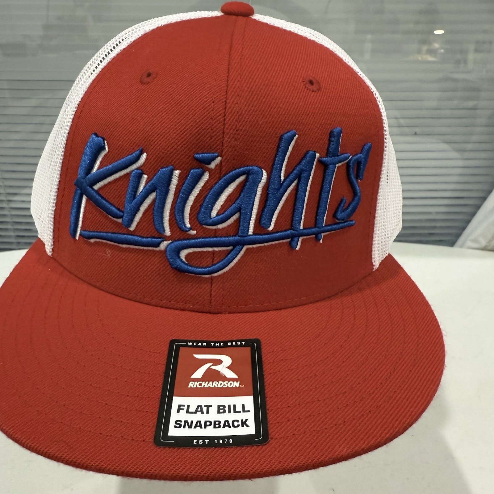 Knights Royal Blue White Script on Red Hat Cap White Mesh Snapback Russell EUC