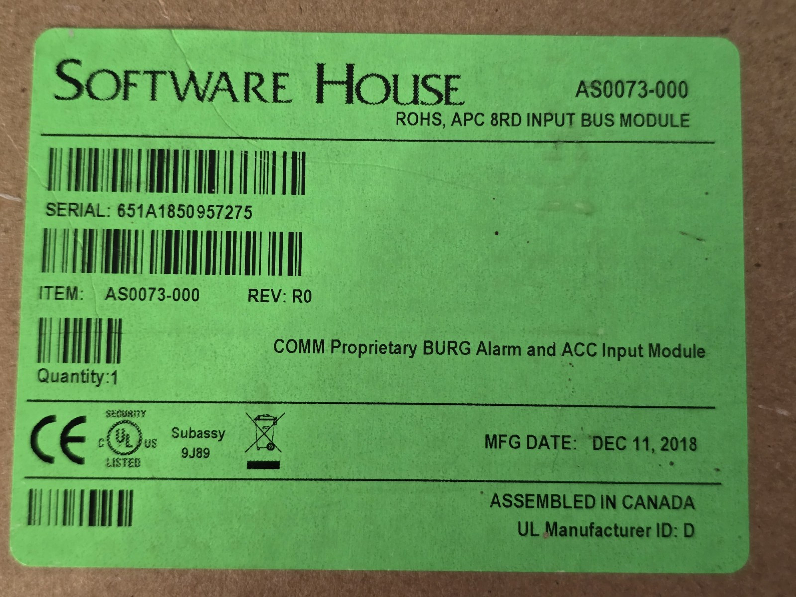 Software House AS0073-000, ROHS, APC 8RD Input Bus Module