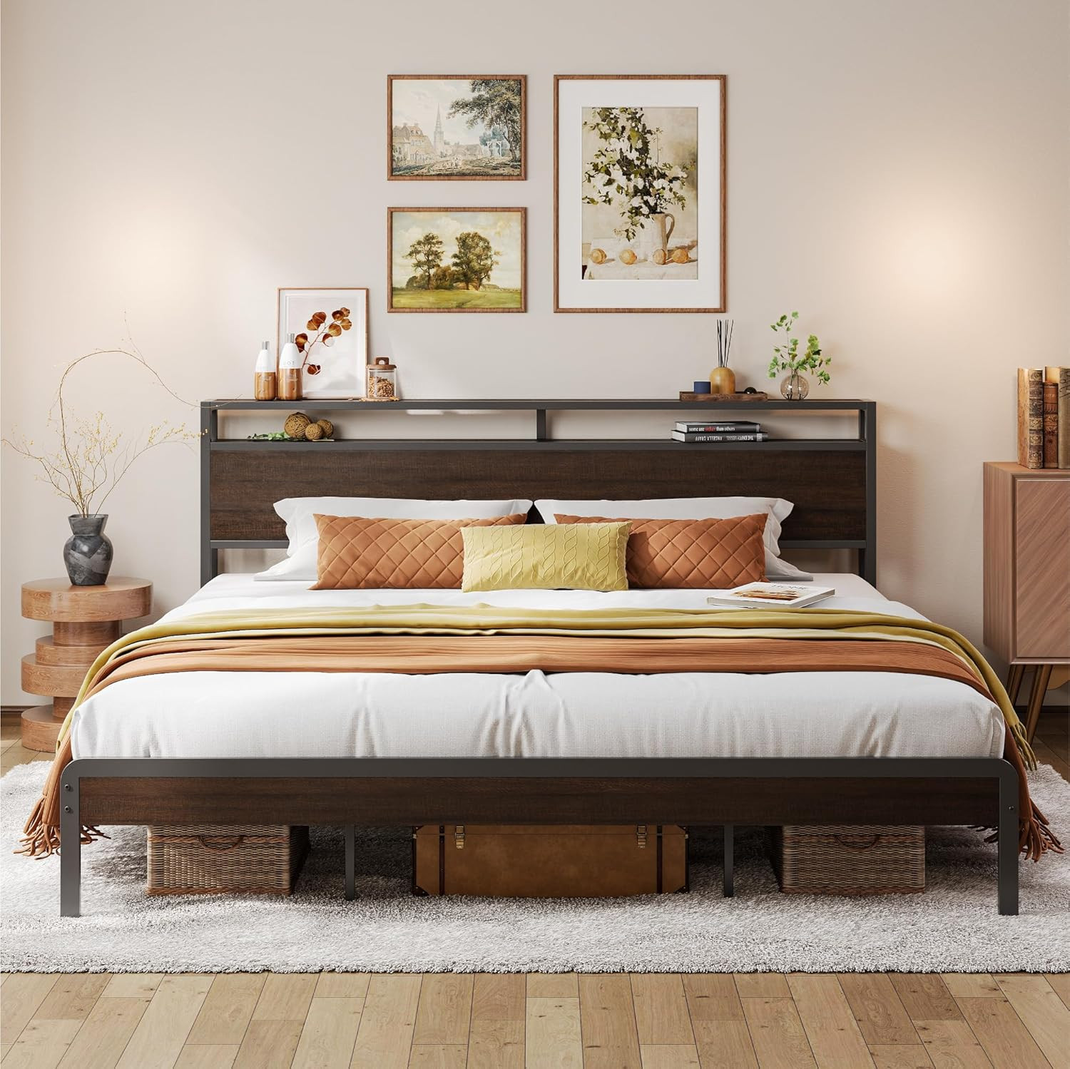 LIKIMIO King Bed Frame with Headboard, Dark Wood Camas King with Strong Supports