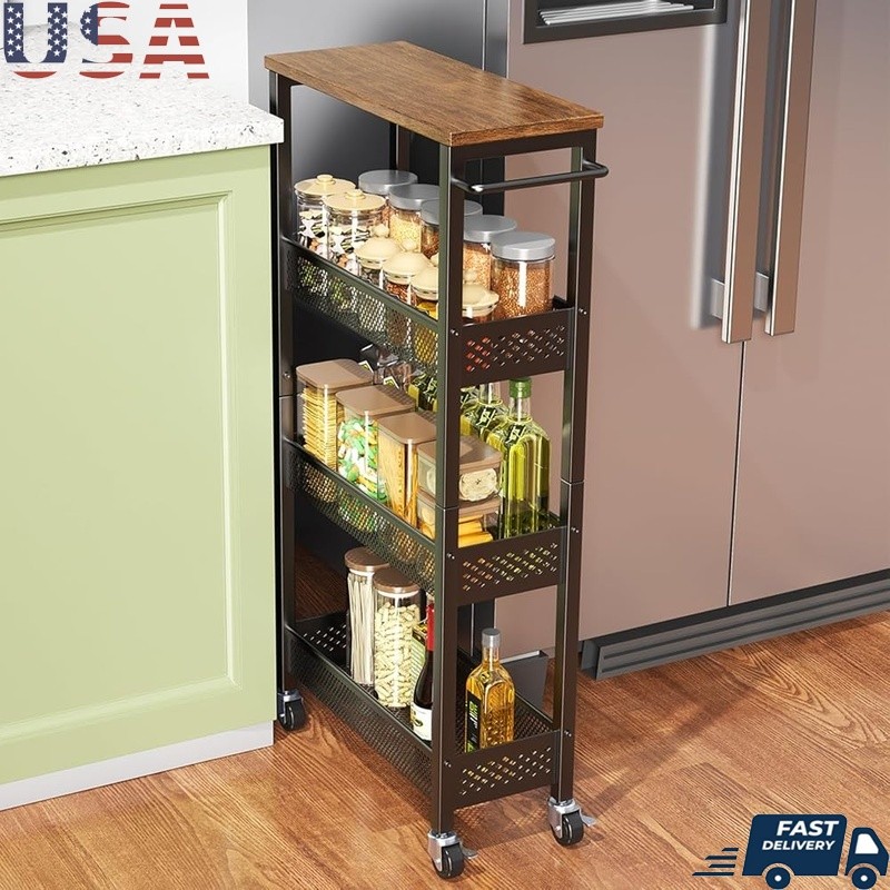 Narrow Rolling Cart Storage Slim Trolley 4 Tier Metal Kitchen Organizer Wheels