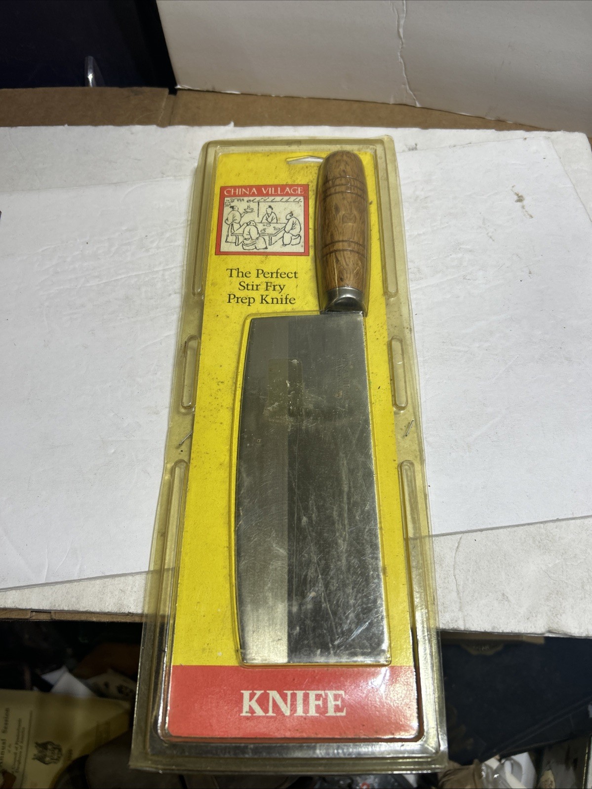 Vintage CHINA VILLAGE Stainless Taiwan Butcher Knife Cleaver Wooden Handle