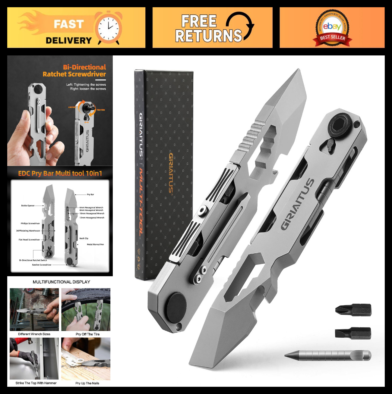 Versatile EDC Pry Bar Multitool with Ratchet Screwdriver, Wrenches & Bottle Open