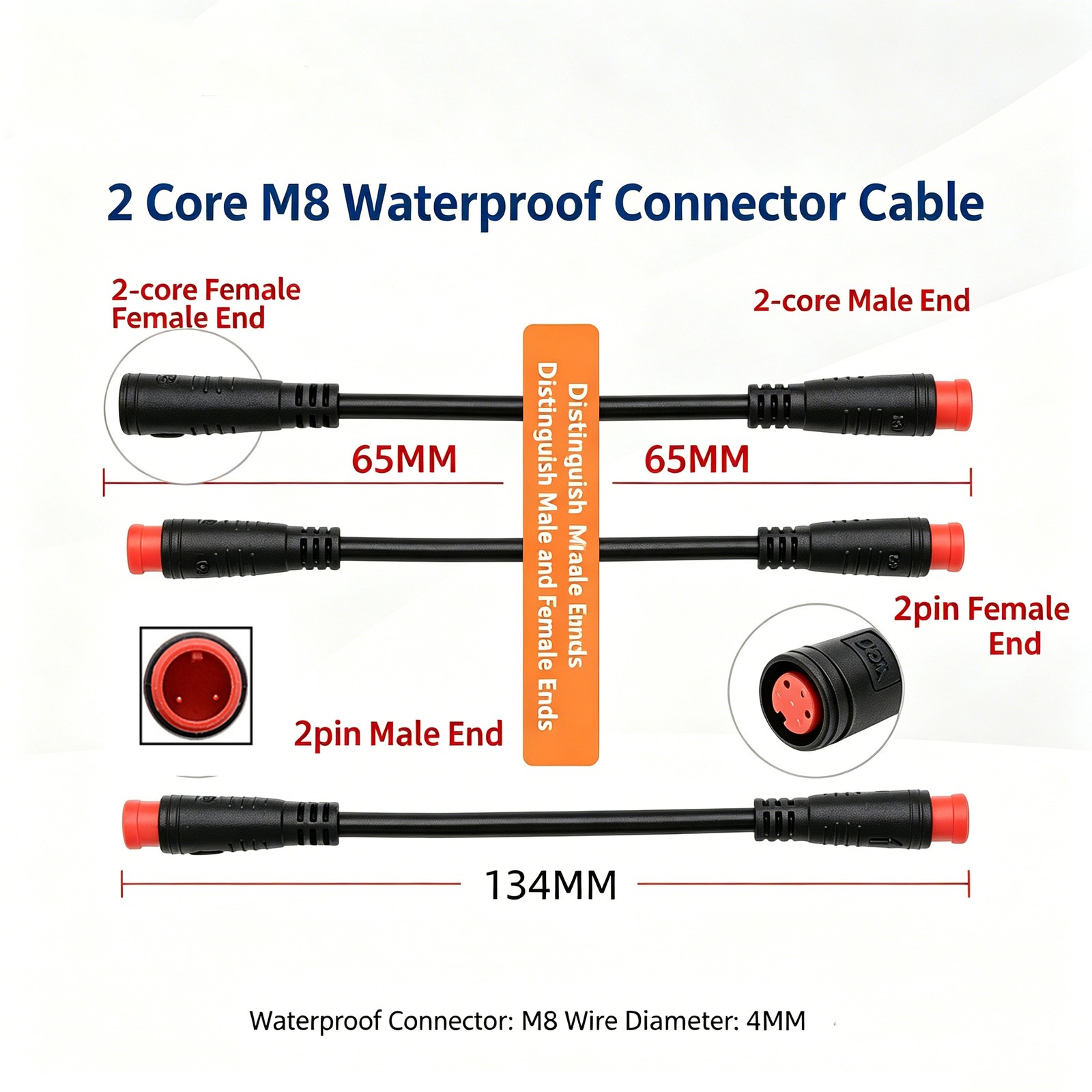E-bike 2 Pin M8 Waterproof Plug Male to Female Adapter Cable Extension Cable
