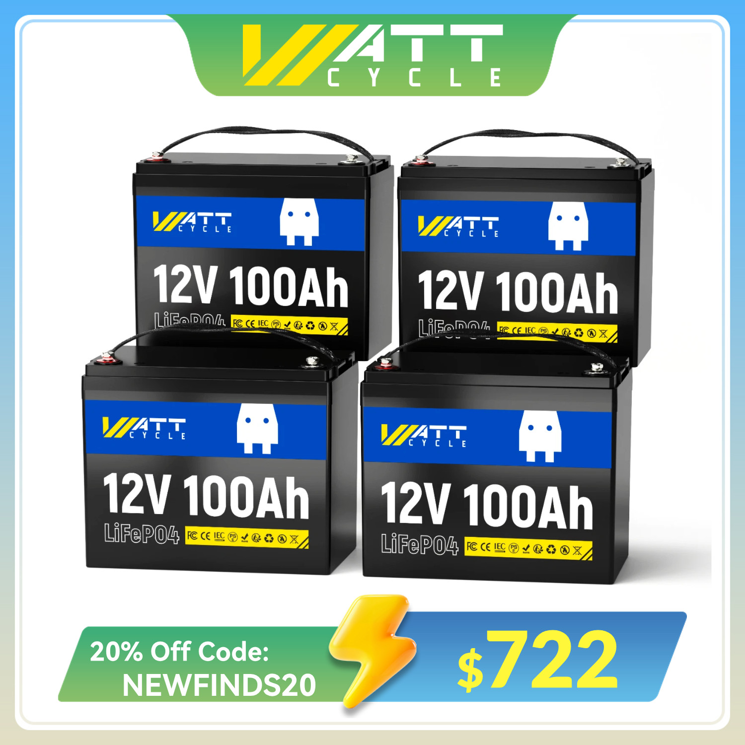 4Pack Wattcycle 12V 100Ah LiFePO4 Battery EV Grade A Cell Trolling Motor Trailer