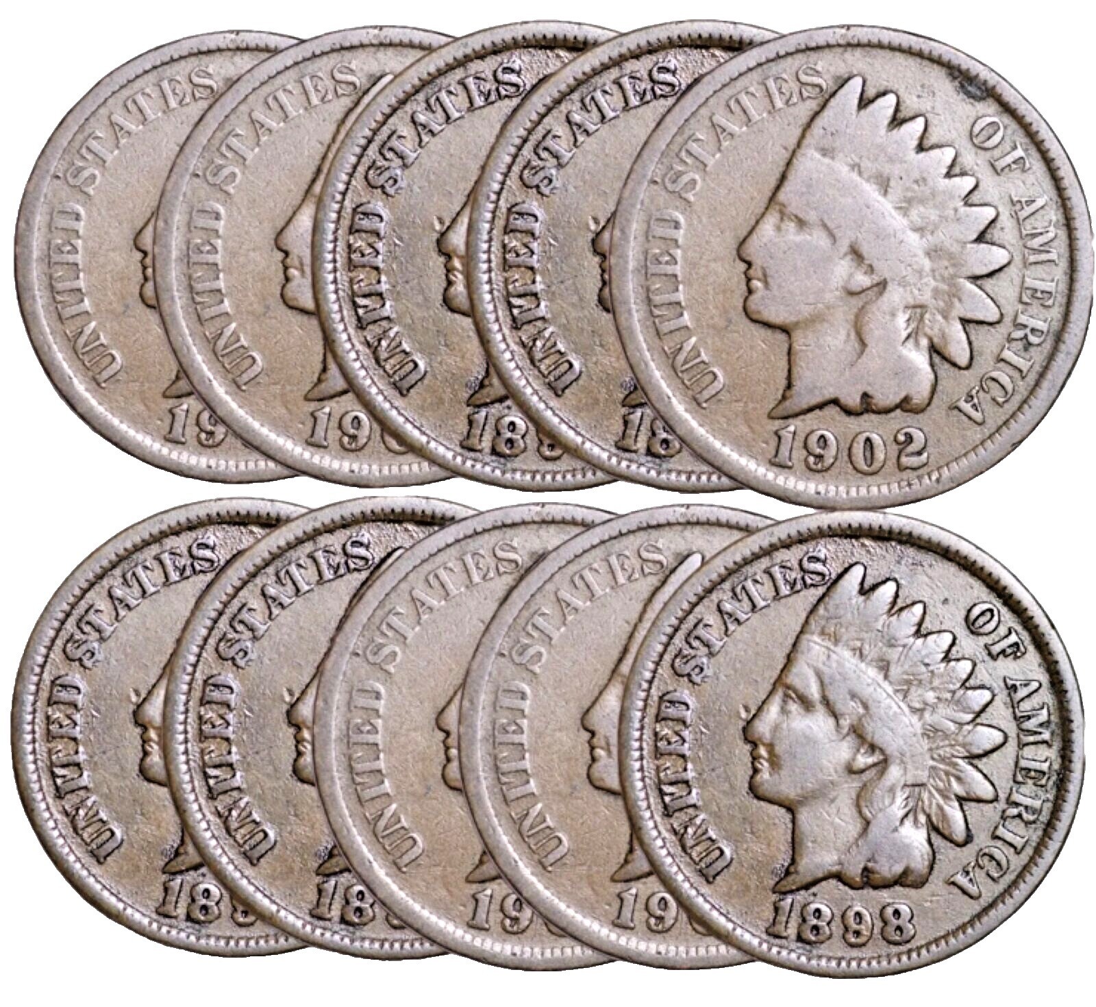 LOT OF 10 Indian Head Cent Pennies in G/VG (10 PC) (5)1800s + (5)1900s FREE S&H