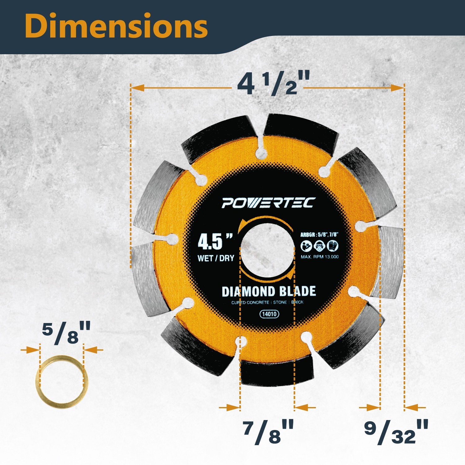 POWERTEC 4-1/2" Laser-Welded Segmented Diamond Saw Blade for Angle Grinder