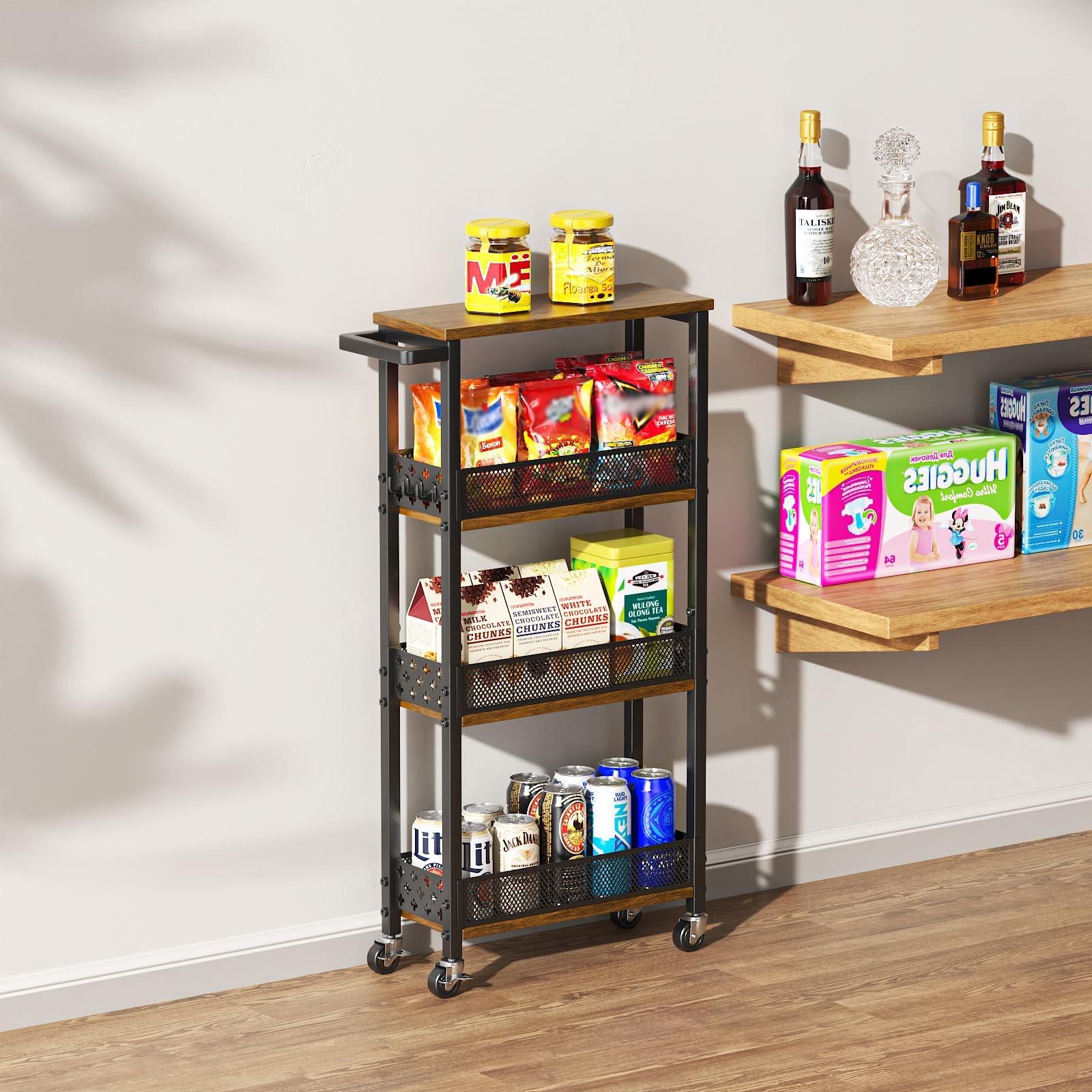 4-Tier Slim Rolling Storage Cart for Kitchen Bathroom Organizer, Mobile Narro...
