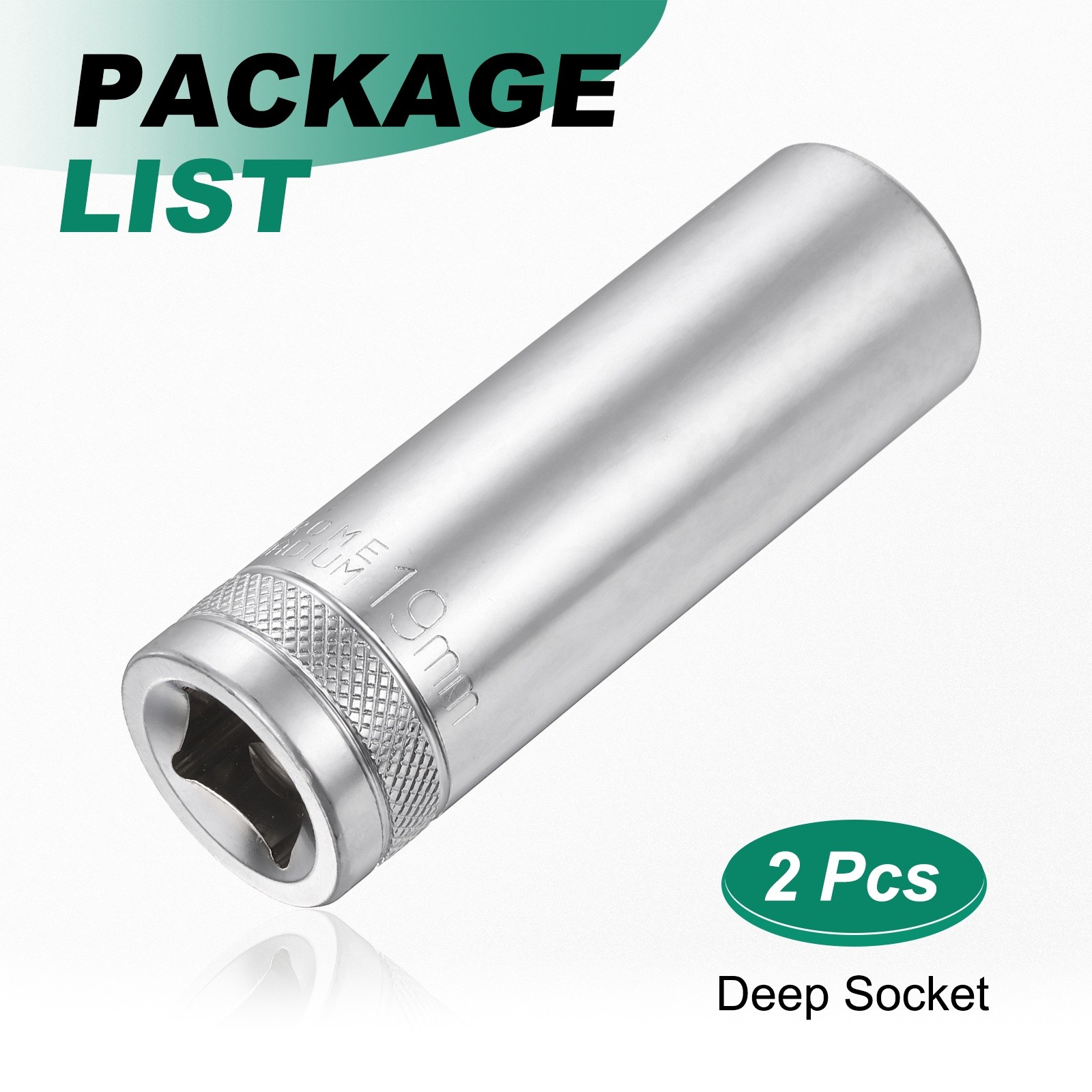 2pcs 6 Points Deep Socket 1/2" Drive 19mm Nickel Plating Hex Socket 3.1" Long