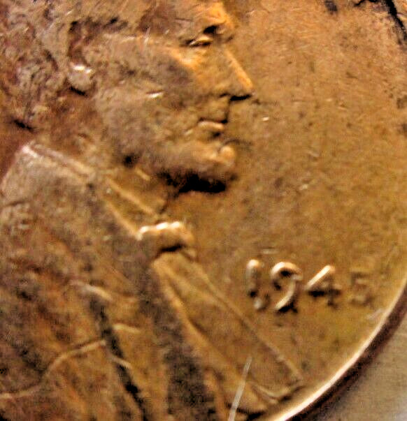 1945-P WHEAT CENT GREASE STRIKE ERROR AT DATE, BN, XF, CIRCULATED