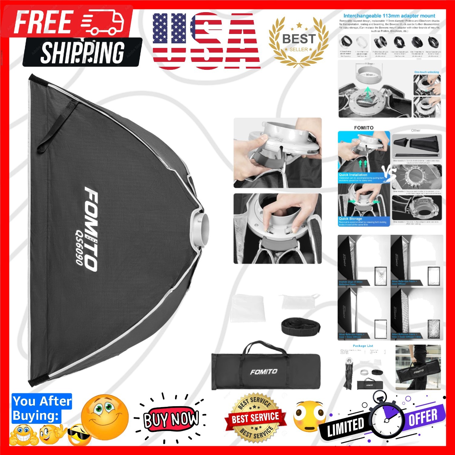24"x35"/60x90cm Rectangular Softbox, Quick Release Bowens Mount Softbox with ...