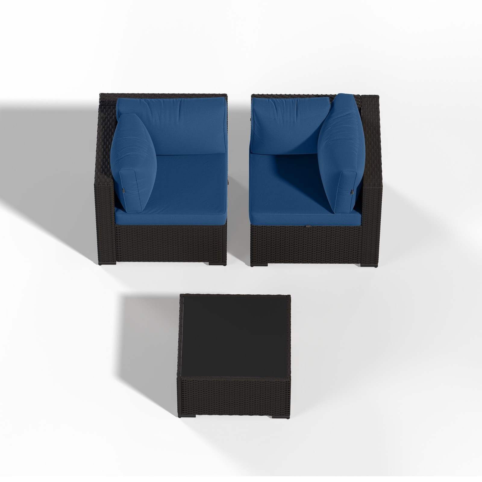 3-Piece Black Rattan Sofa Set Navy Blue Cushions Coffee Table
