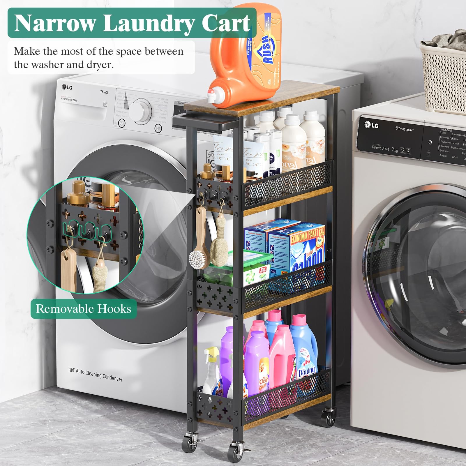 4-Tier Slim Rolling Storage Cart for Kitchen Bathroom Organizer, Mobile Narro...