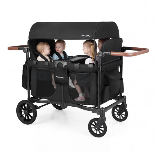 Wagon Stroller for 4 Kids Foldable 4-Seater Push-Pull Toddler Stroller-Black - C