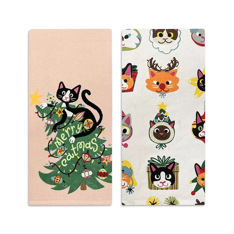NWT St. Nicholas Square Merry Cat Kitchen Towel 2-pk Christmas tree Humble Cheer