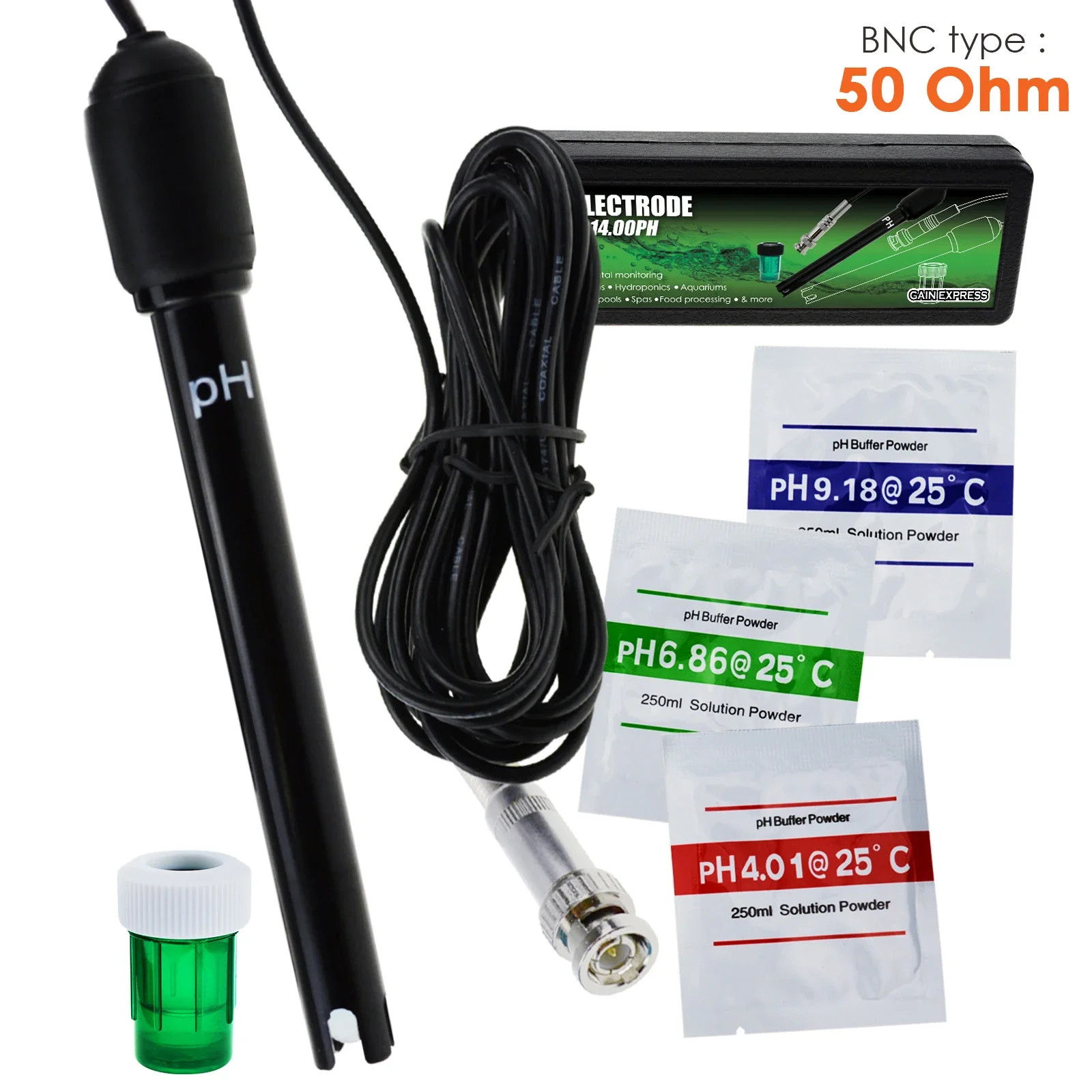 PH Electrode Sensor 300cm Cable Water Analyzer Probe WithCalibration Powder Lot