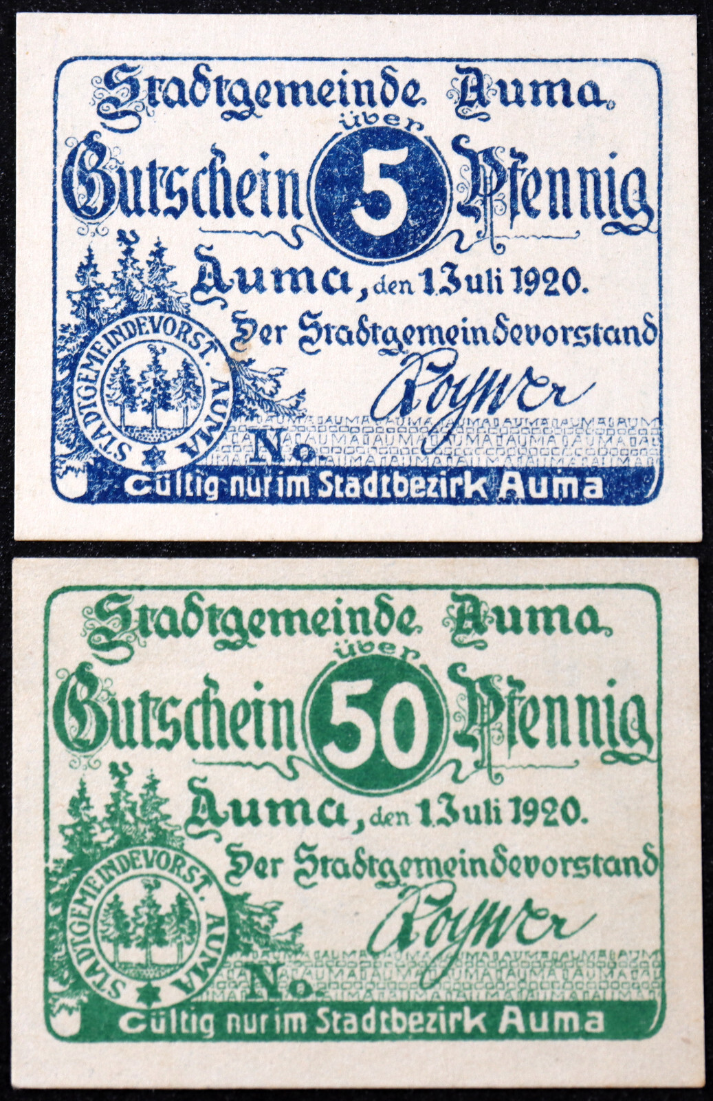AUMA 1920 Complete Set w/o serials German Notgeld 50 Pf Rarer Watermark